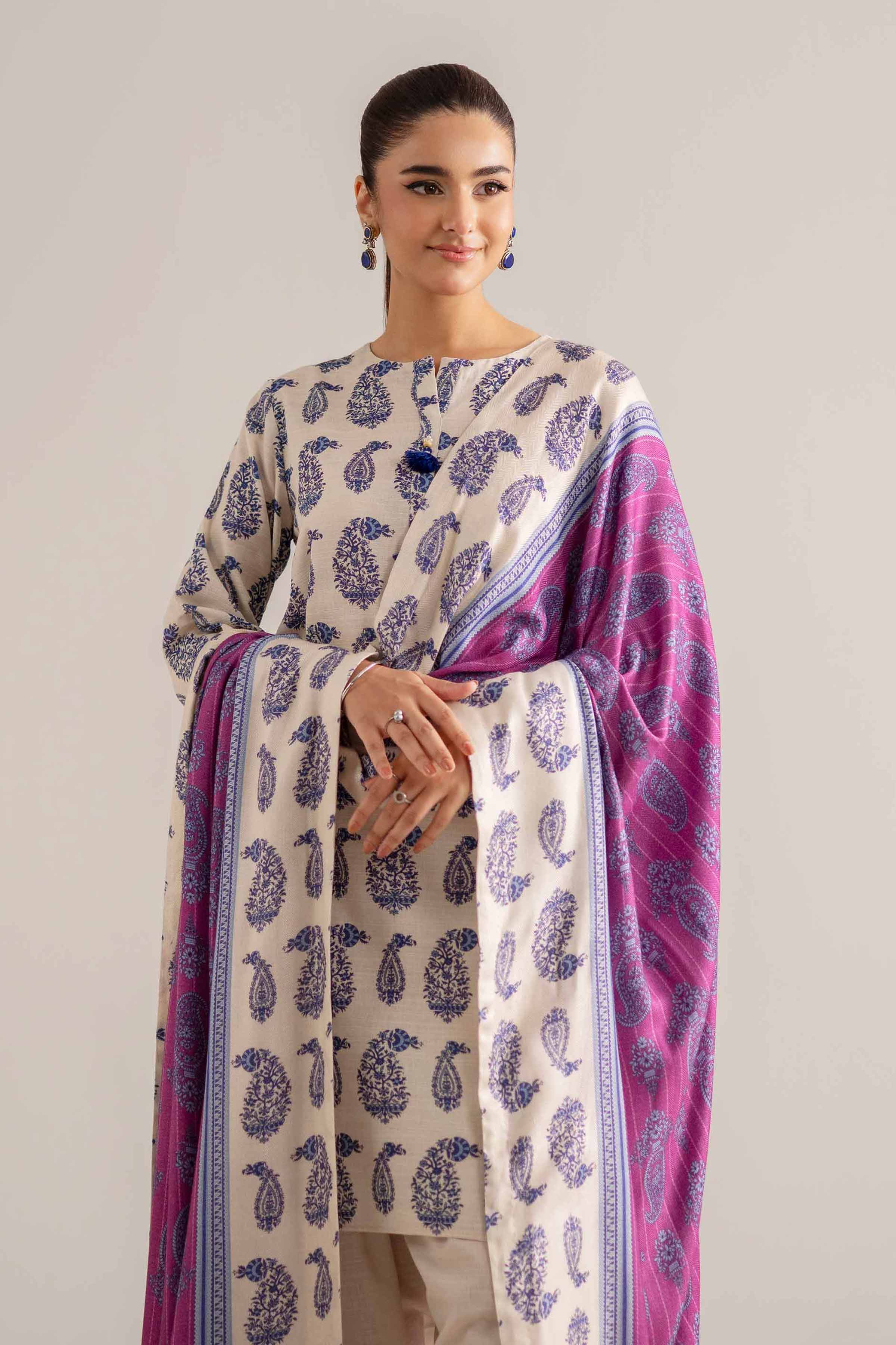 3 Piece - Printed Suit - 42503547 Unstitched Purple Khaddar 3PC Printed