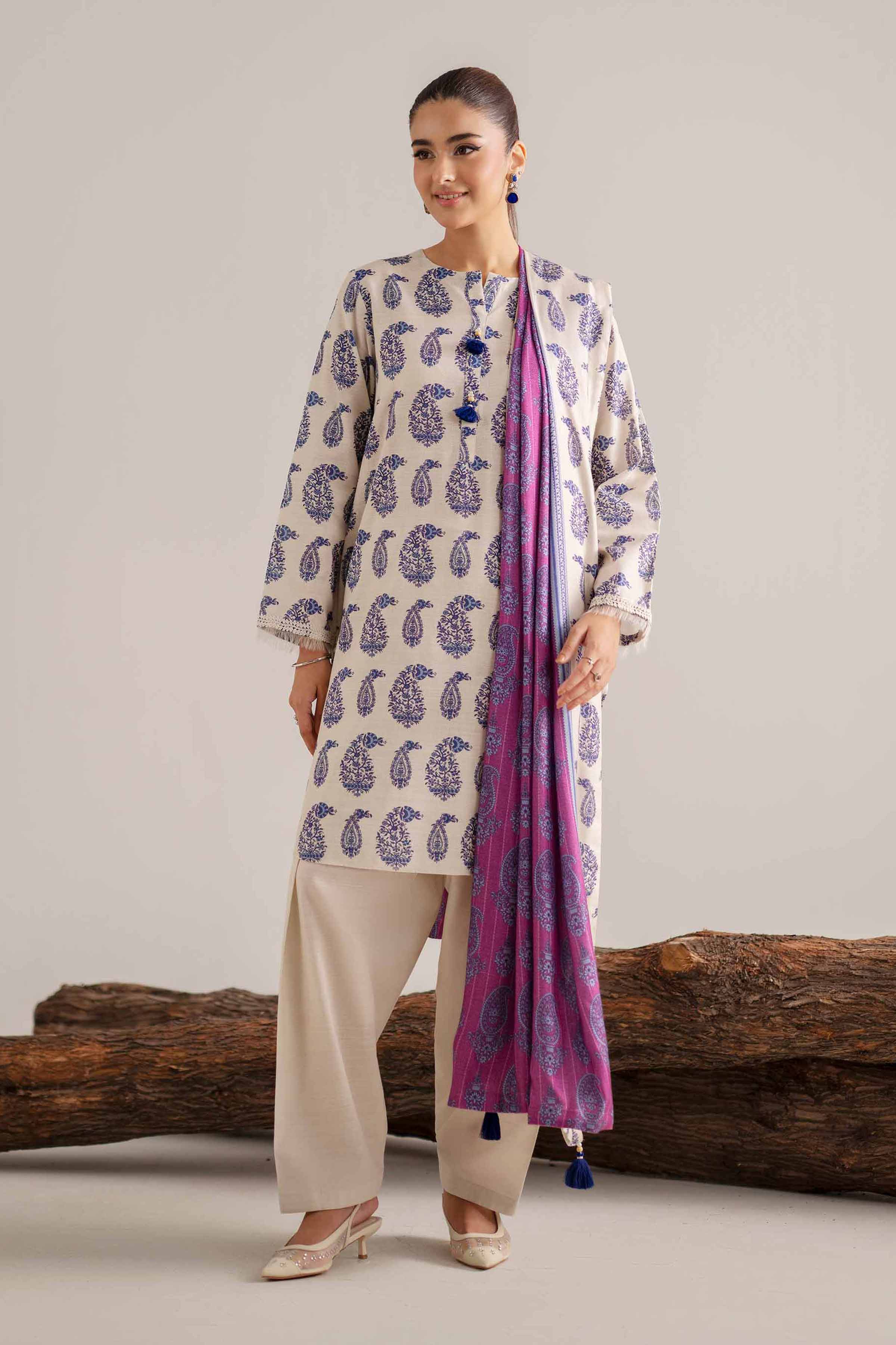3 Piece - Printed Suit - 42503547 Unstitched Purple Khaddar 3PC Printed