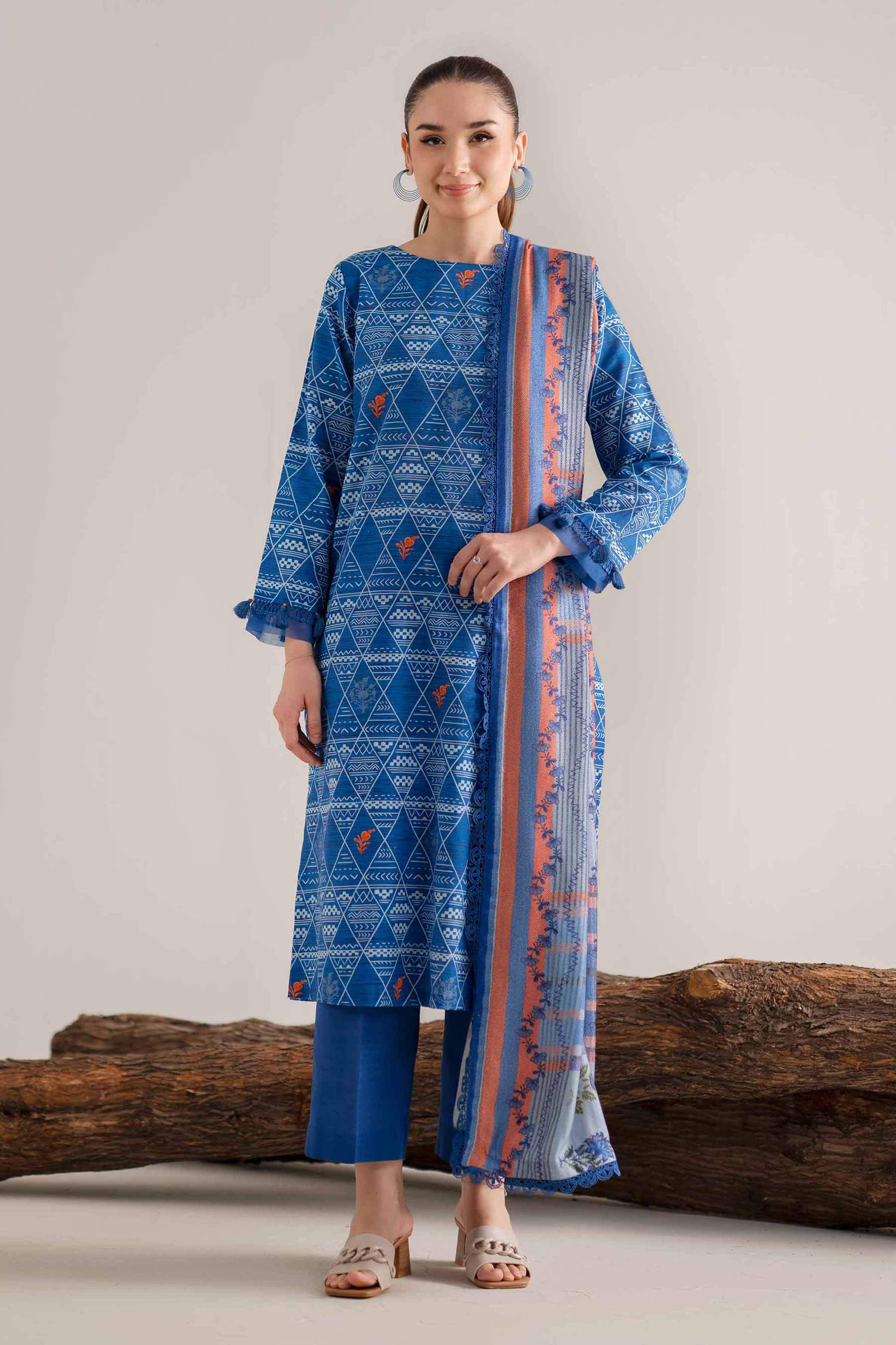 3 Piece - Printed Suit - 42503550 Unstitched Blue Khaddar 3PC Printed