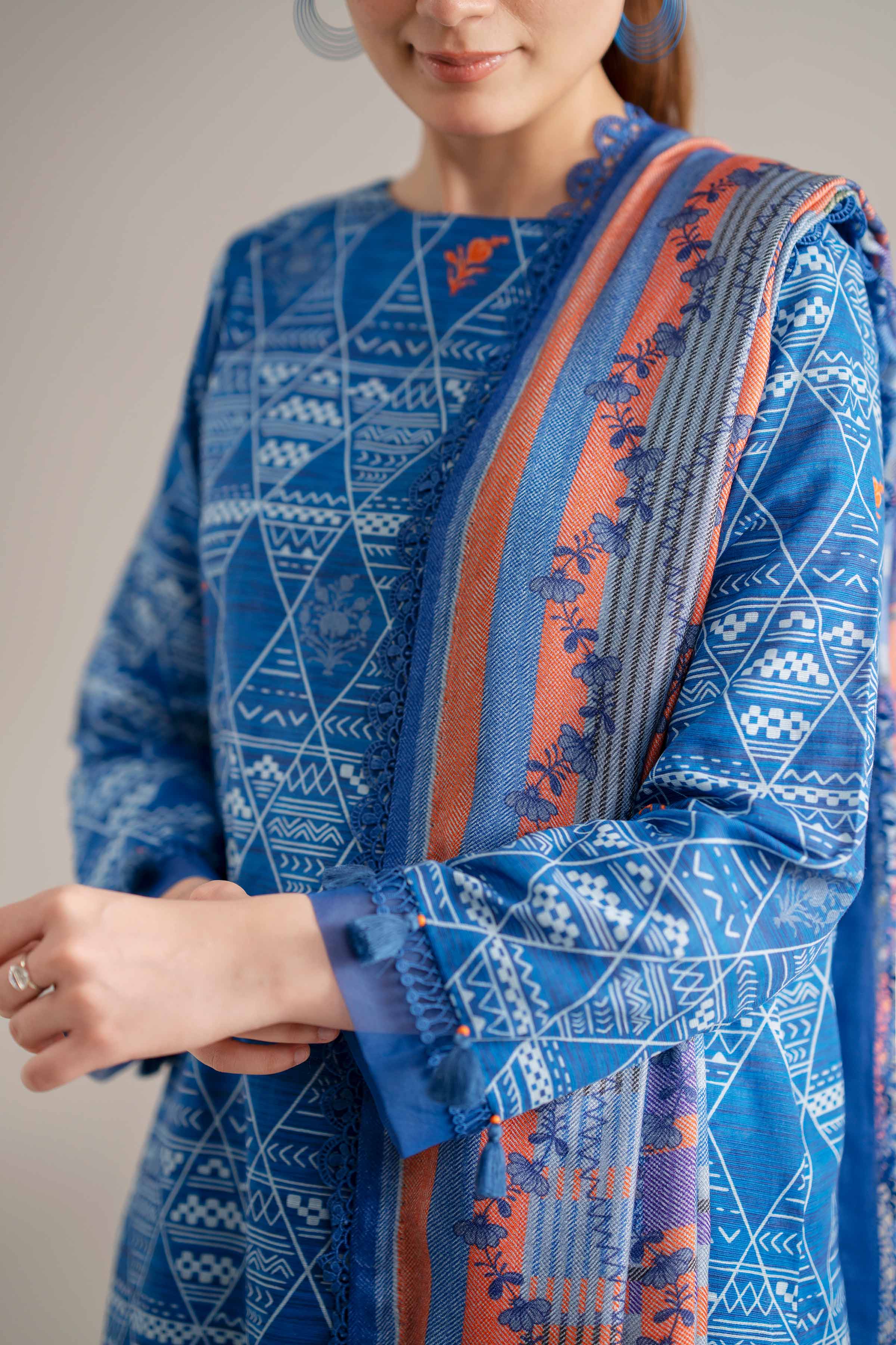 3 Piece - Printed Suit - 42503550 Unstitched Blue Khaddar 3PC Printed