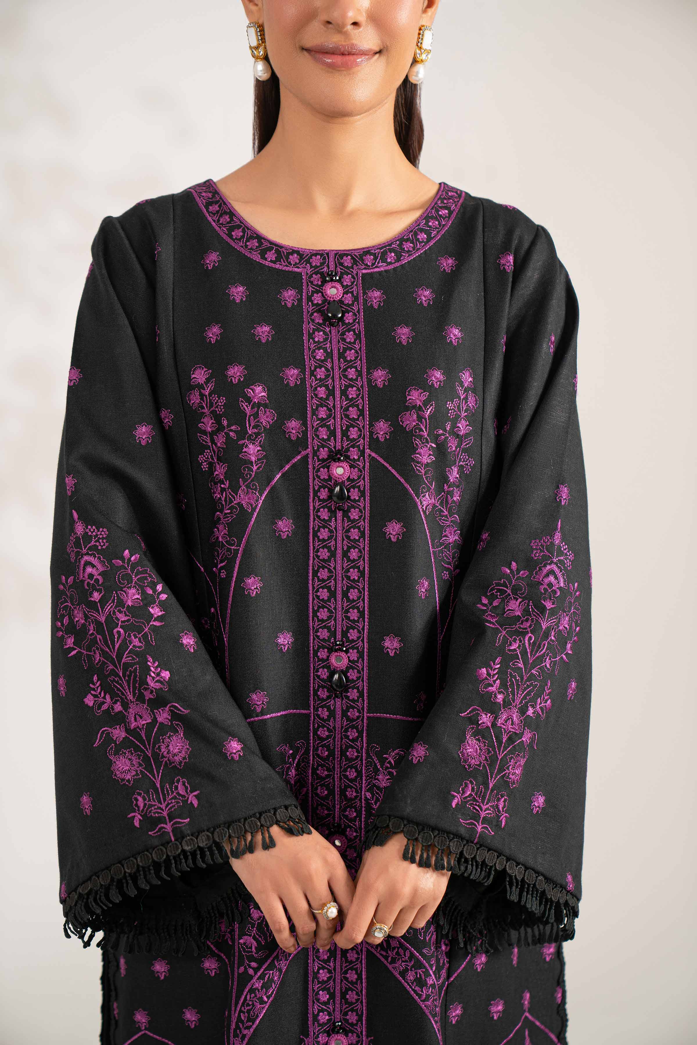 3 Piece - Embroidered Suit - 42503567 Unstitched Black Karandi 3PC Embroidered