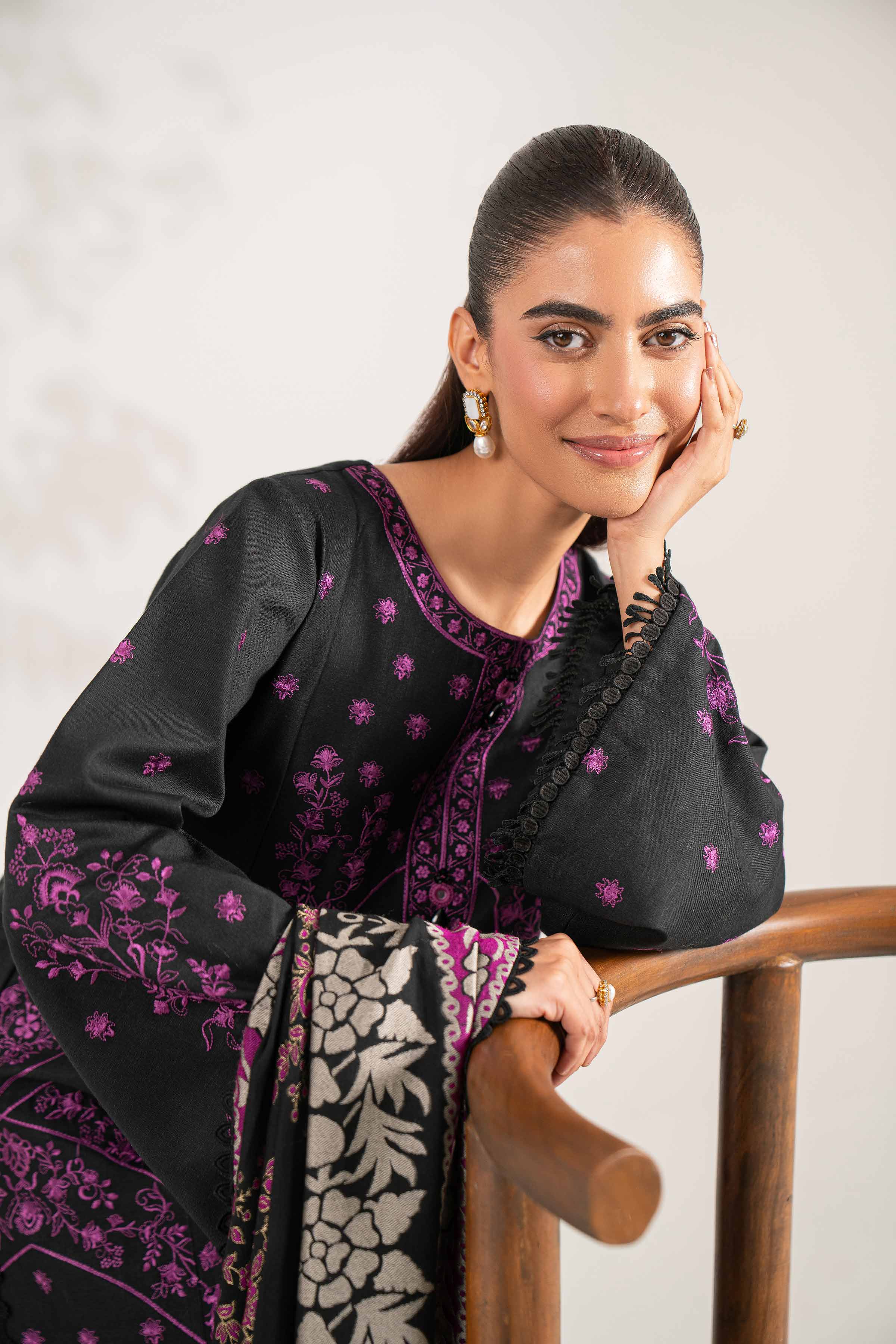 3 Piece - Embroidered Suit - 42503567 Unstitched Black Karandi 3PC Embroidered