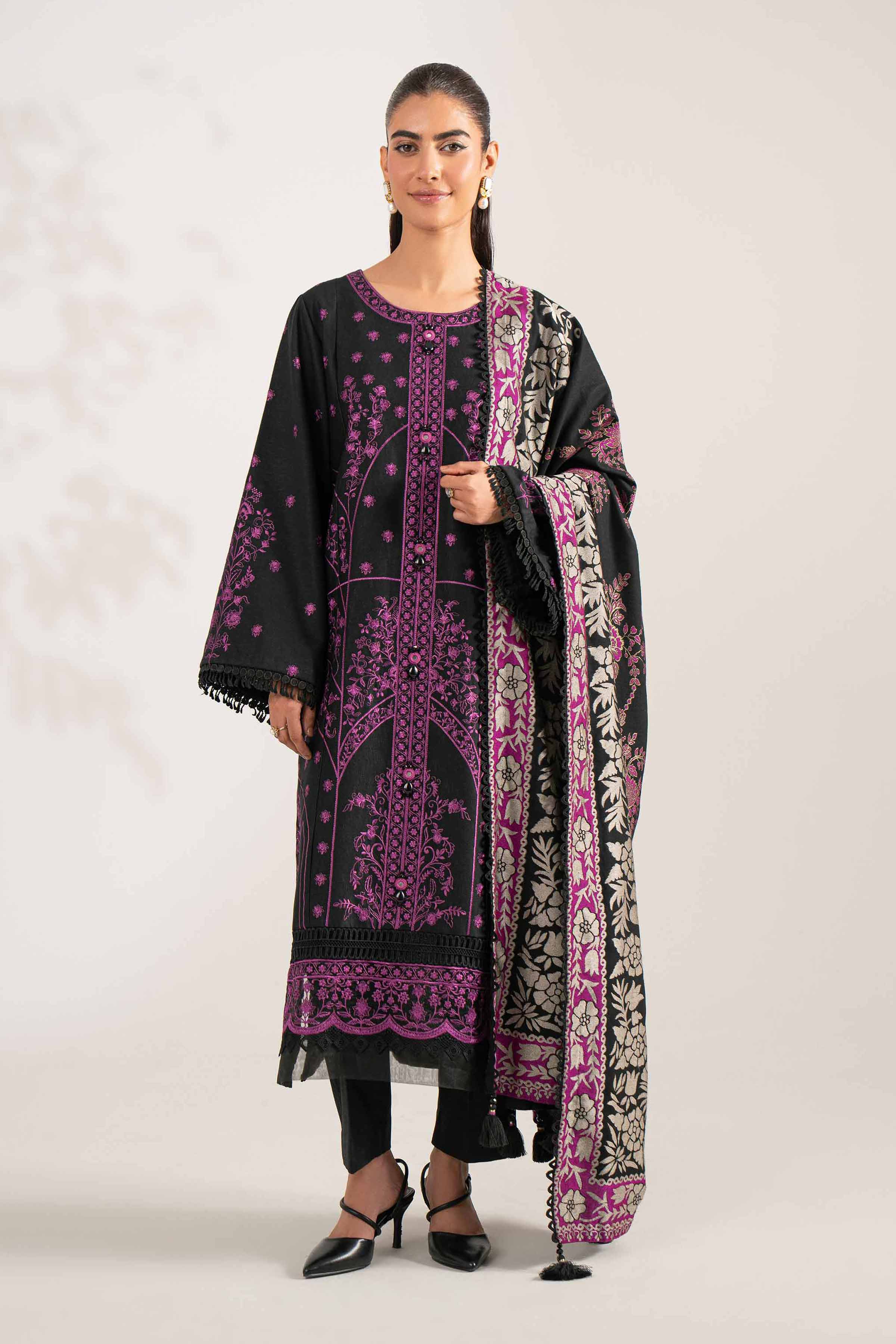 3 Piece - Embroidered Suit - 42503567 Unstitched Black Karandi 3PC Embroidered