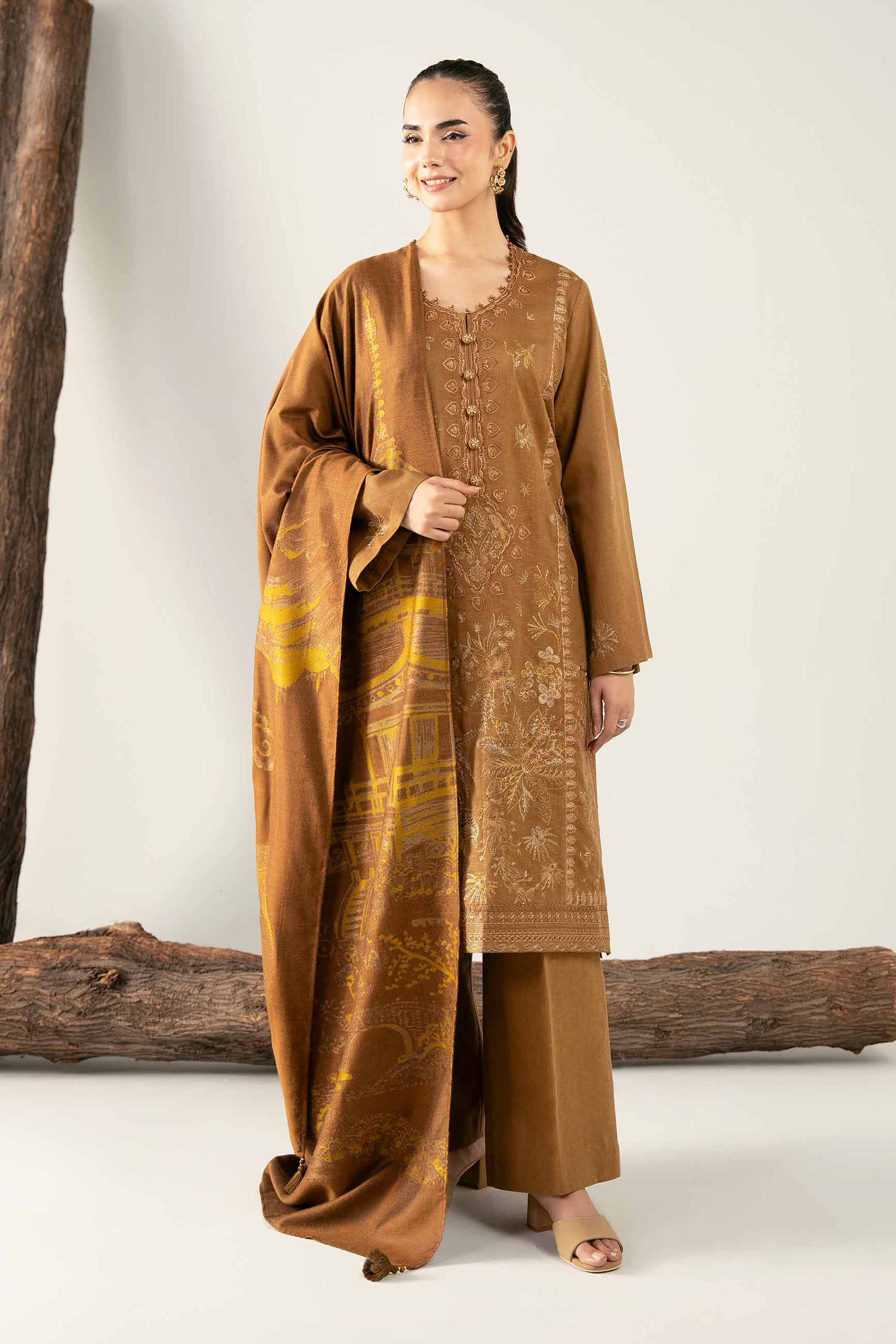 3 Piece - Embroidered Suit - 42503570 Unstitched Brown Karandi 3PC Embroidered