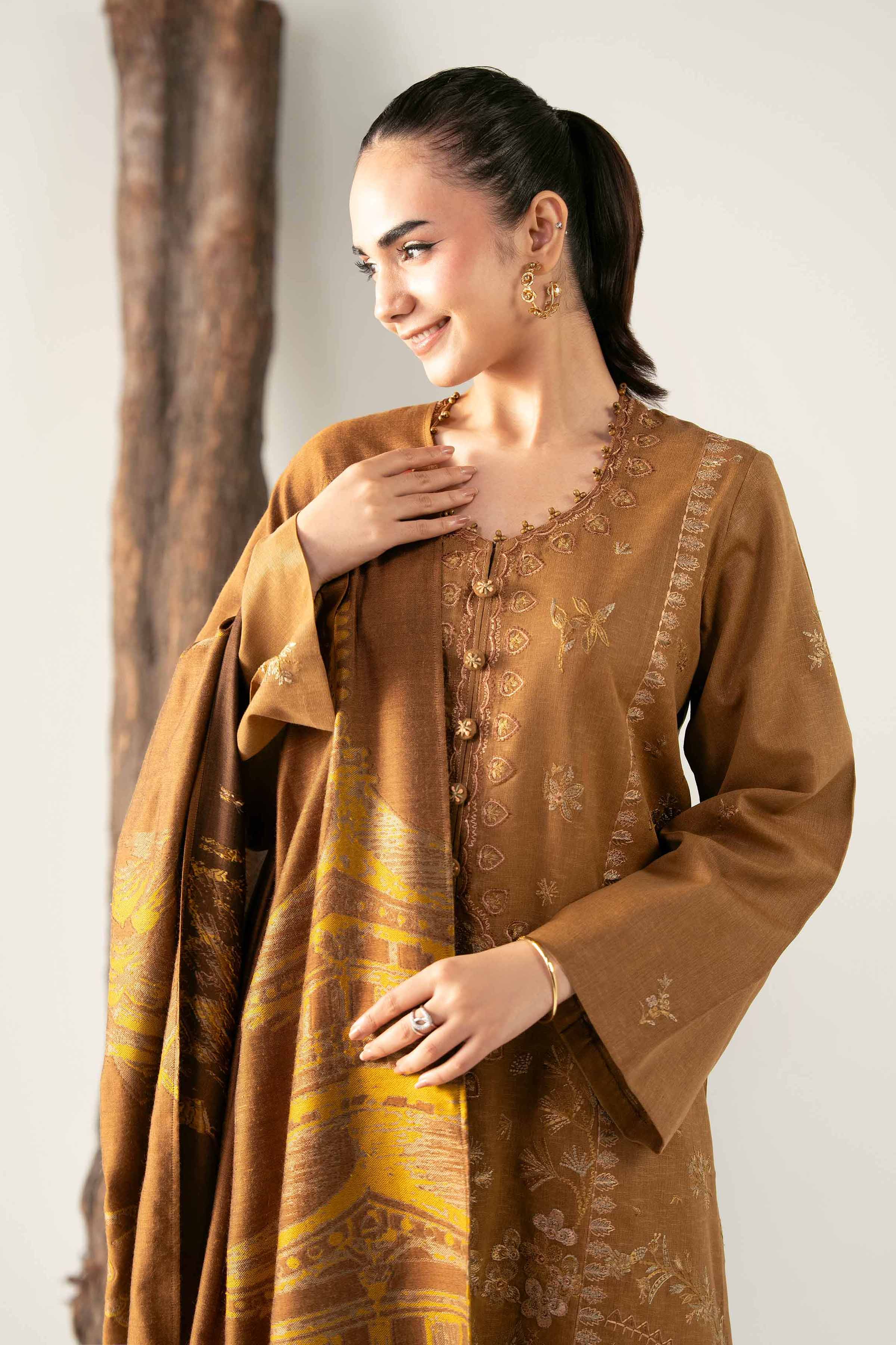 3 Piece - Embroidered Suit - 42503570 Unstitched Brown Karandi 3PC Embroidered