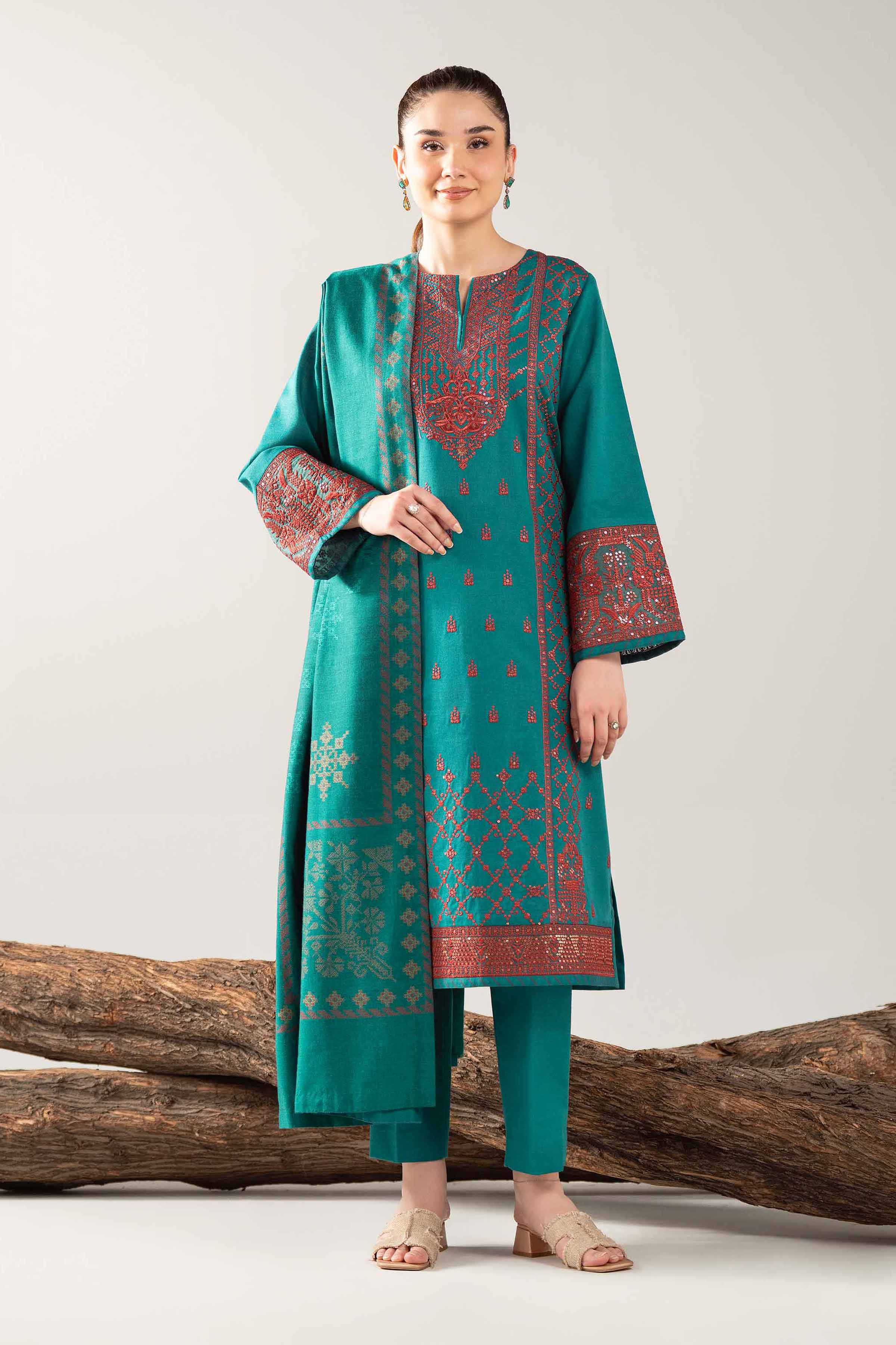 3 Piece - Embroidered Suit - 42503574 Unstitched Green Karandi 3PC Embroidered
