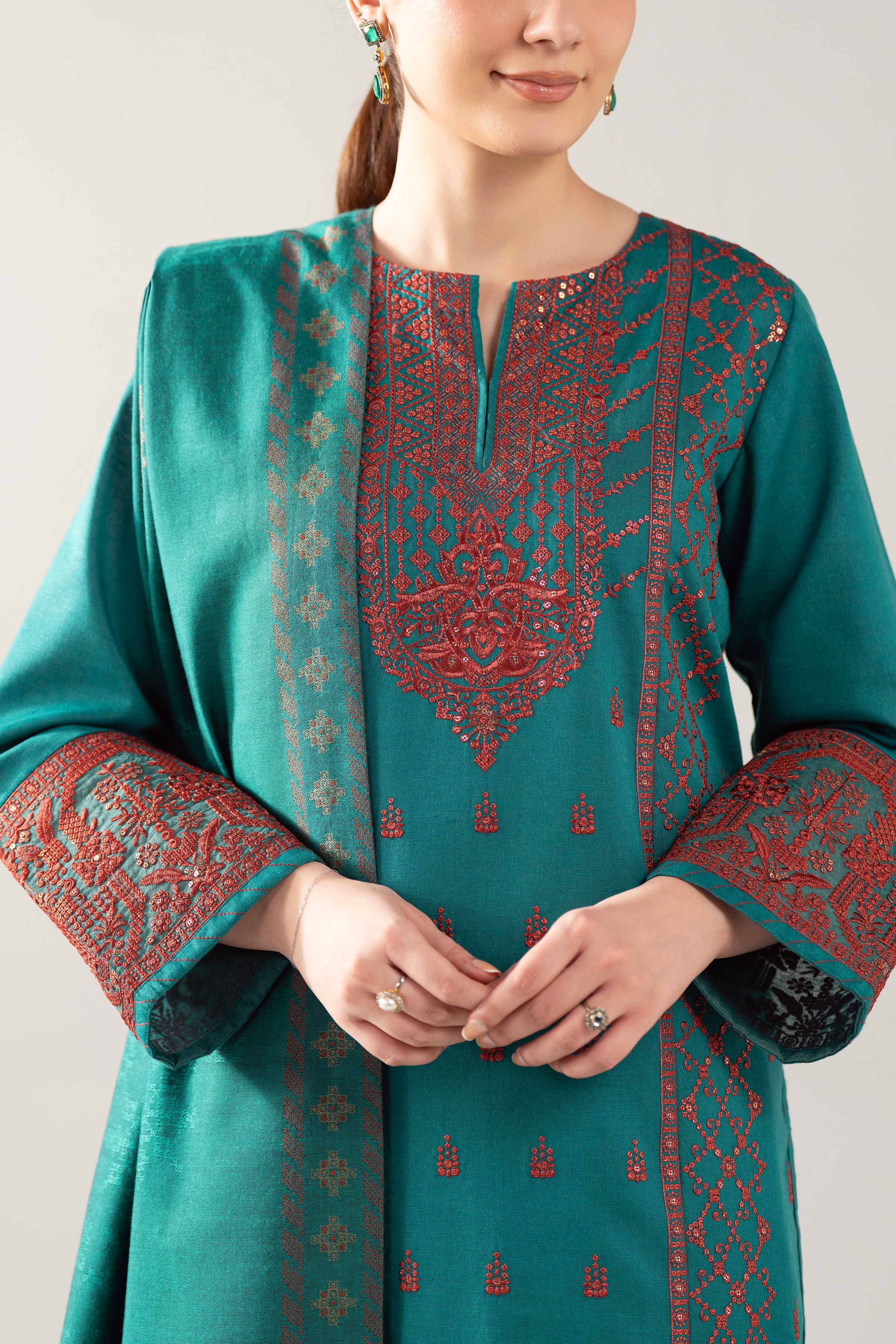 3 Piece - Embroidered Suit - 42503574 Unstitched Green Karandi 3PC Embroidered