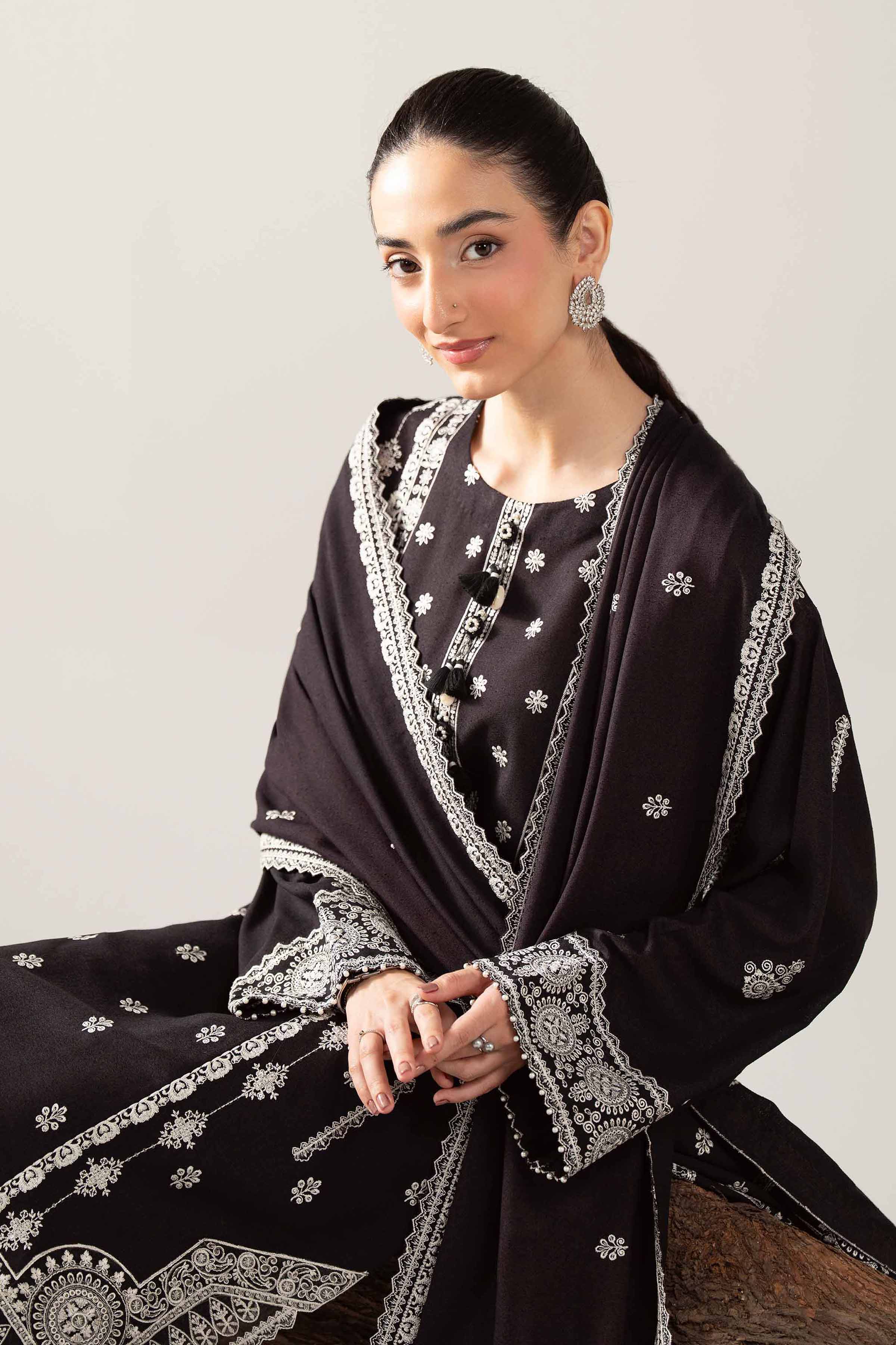 3 Piece - Embroidered Suit - 42503587 Unstitched Black Karandi 3PC Embroidered