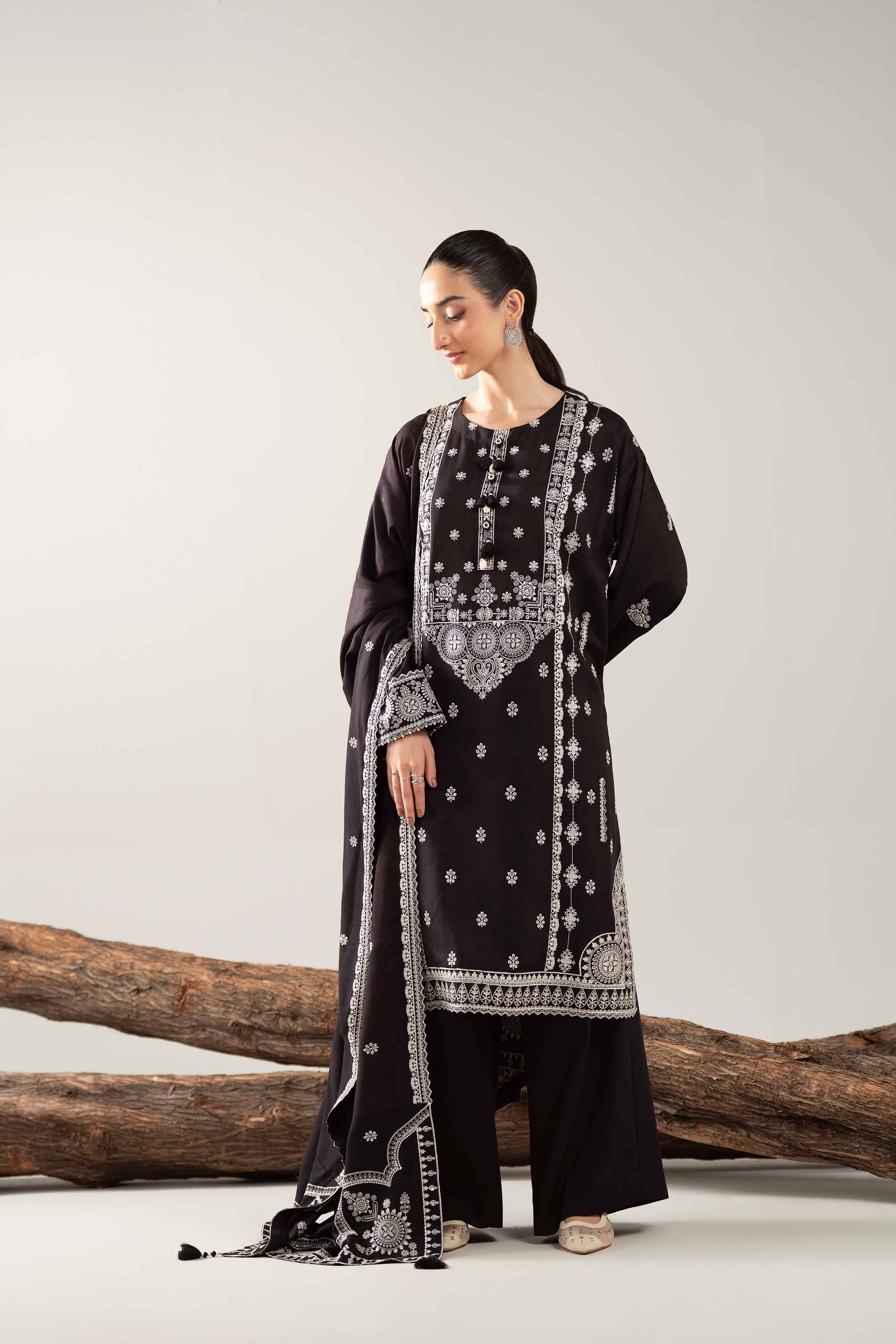 3 Piece - Embroidered Suit - 42503587 Unstitched Black Karandi 3PC Embroidered