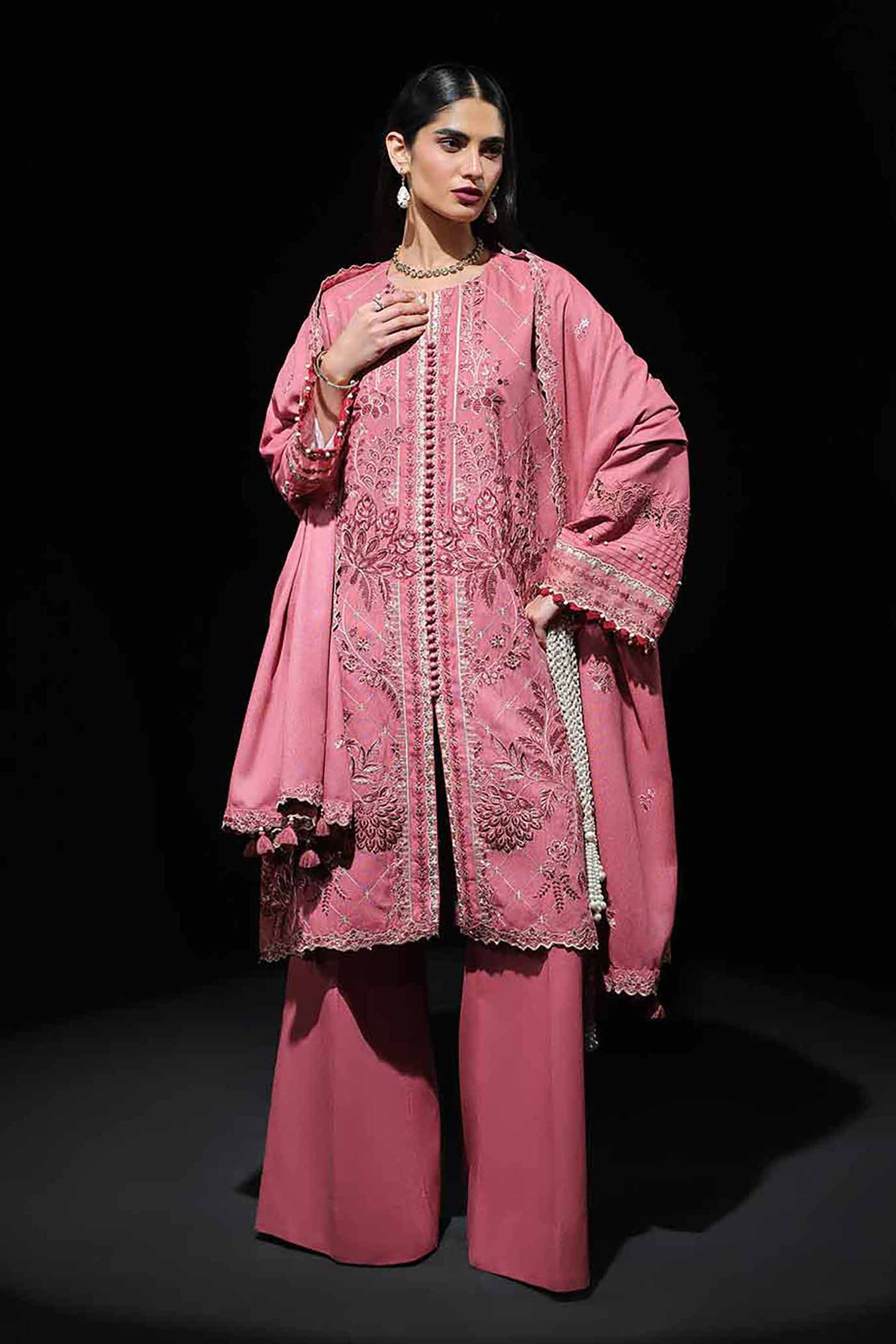 3 Piece - Embroidered Suit - 42503590 Unstitched Pink Karandi 3PC Embroidered