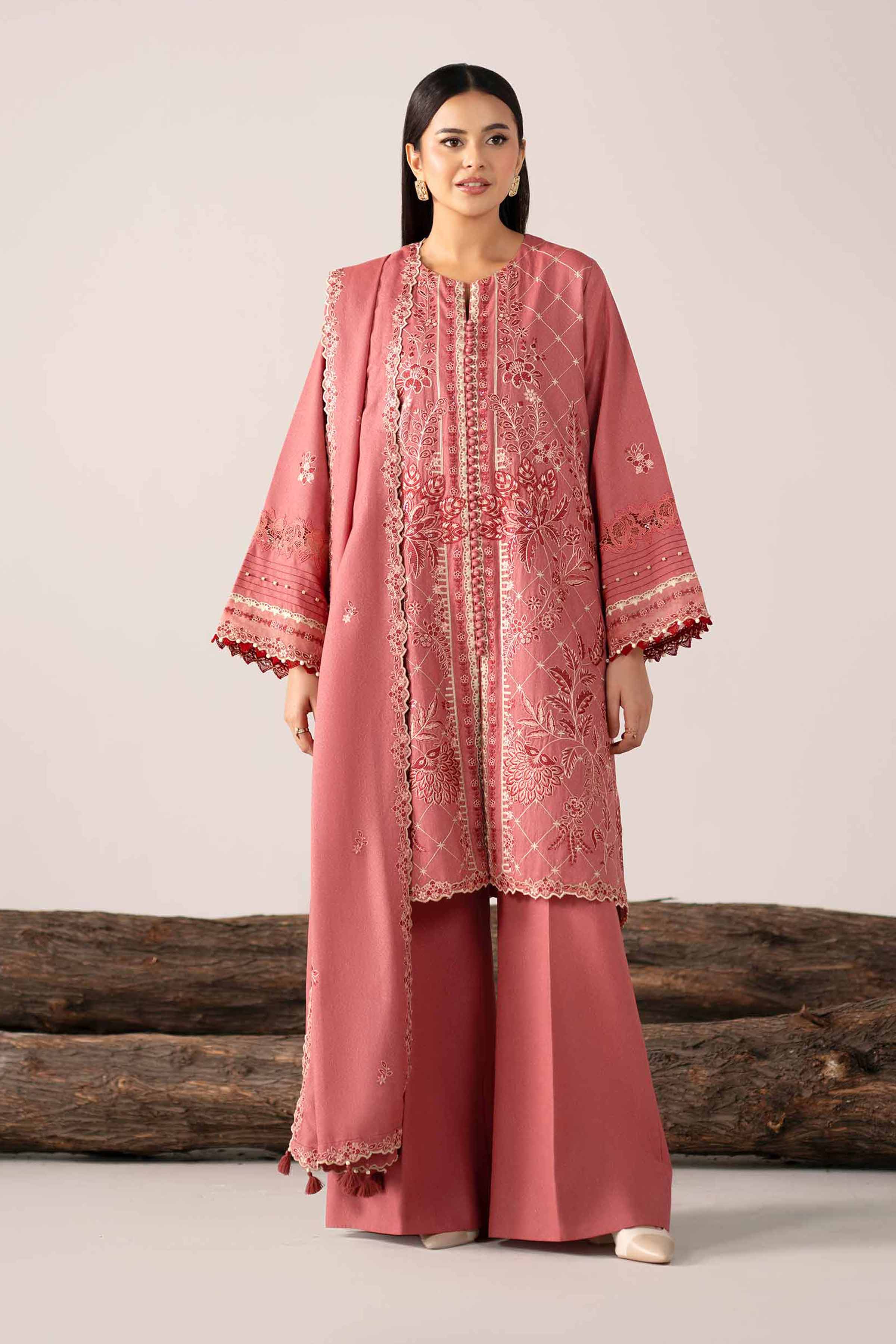 3 Piece - Embroidered Suit - 42503590 Unstitched Pink Karandi 3PC Embroidered