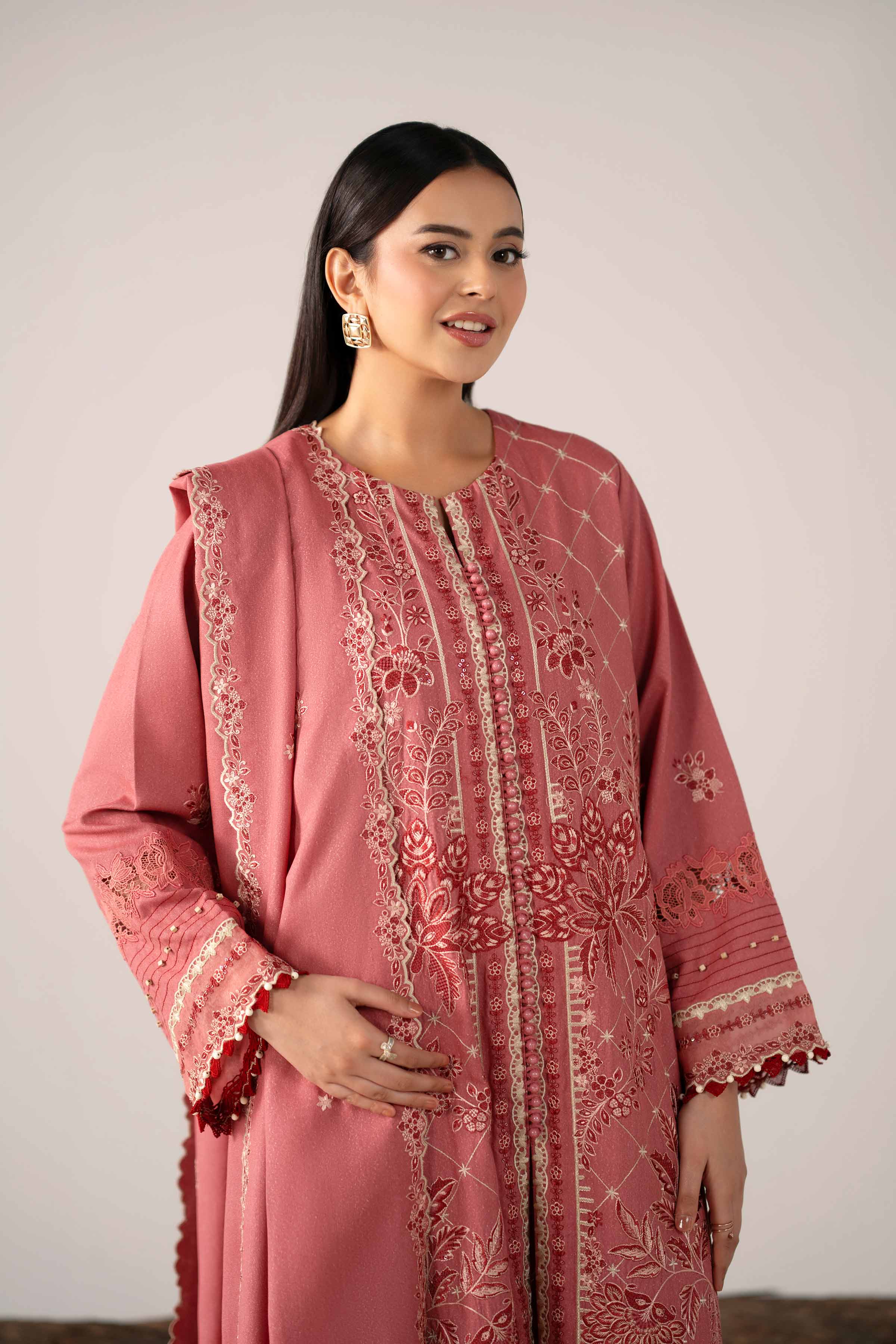 3 Piece - Embroidered Suit - 42503590 Unstitched Pink Karandi 3PC Embroidered