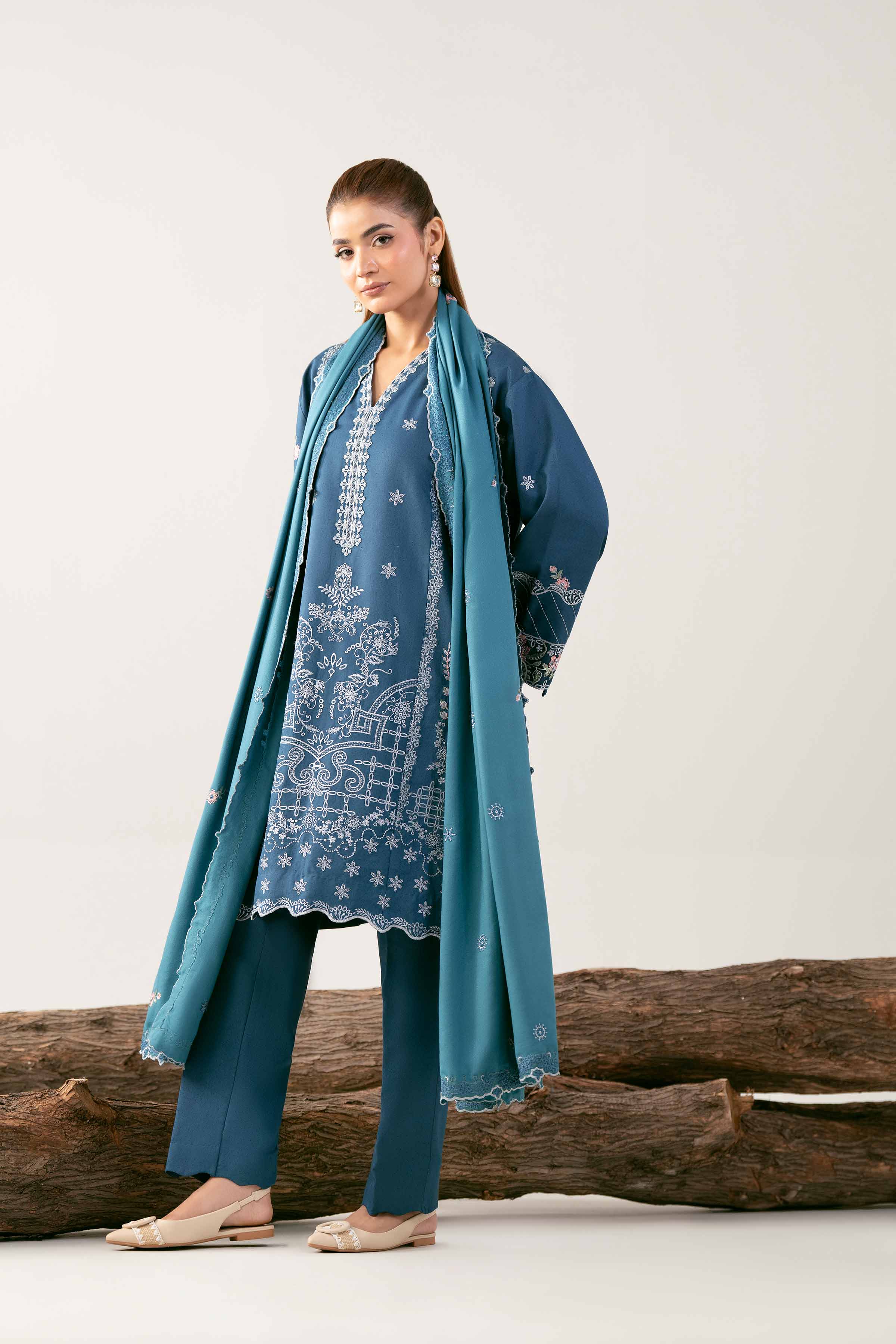 3 Piece - Embroidered Suit - 42503593 Unstitched Blue Karandi 3PC Embroidered