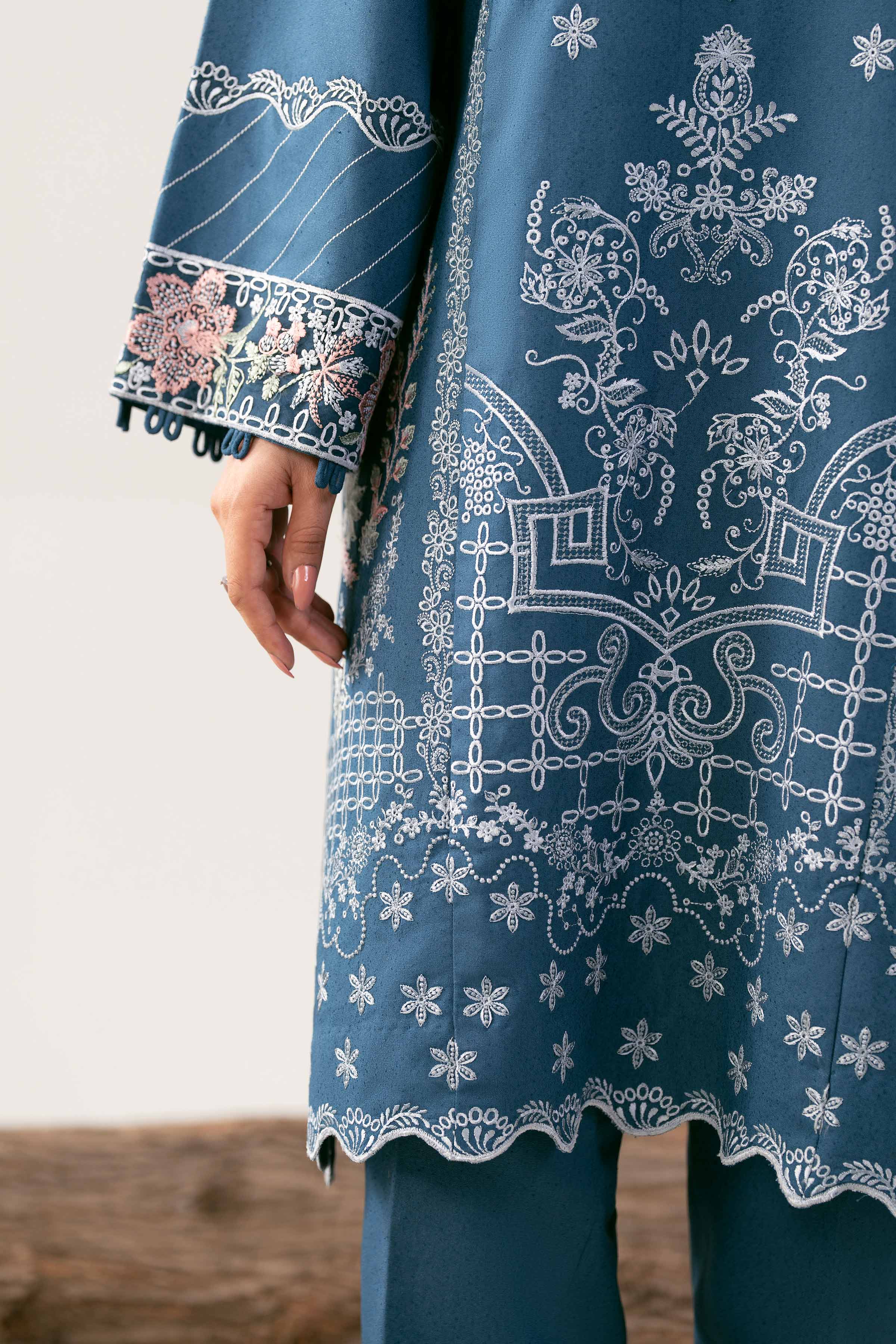 3 Piece - Embroidered Suit - 42503593 Unstitched Blue Karandi 3PC Embroidered