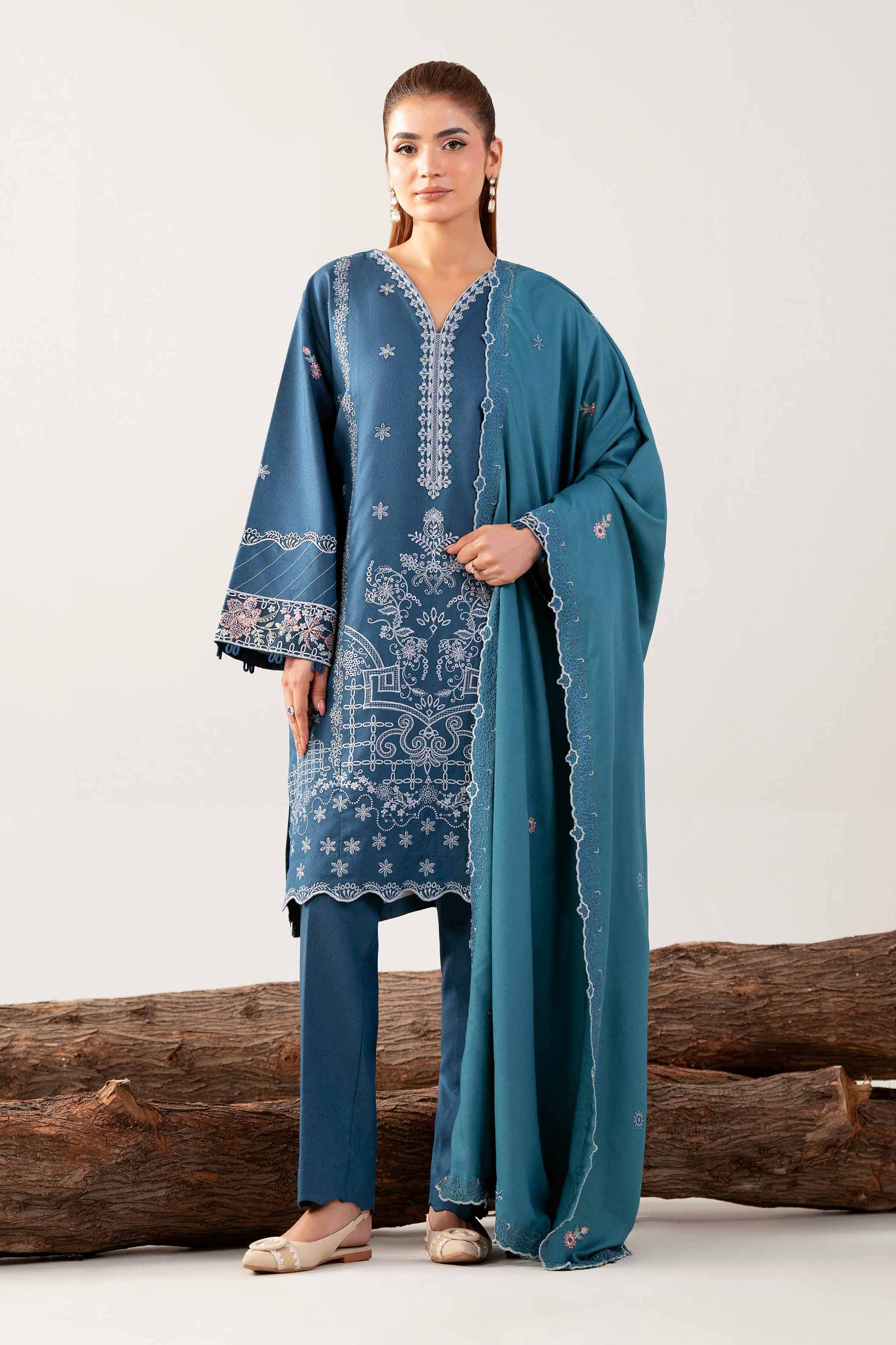 3 Piece - Embroidered Suit - 42503593 Unstitched Blue Karandi 3PC Embroidered