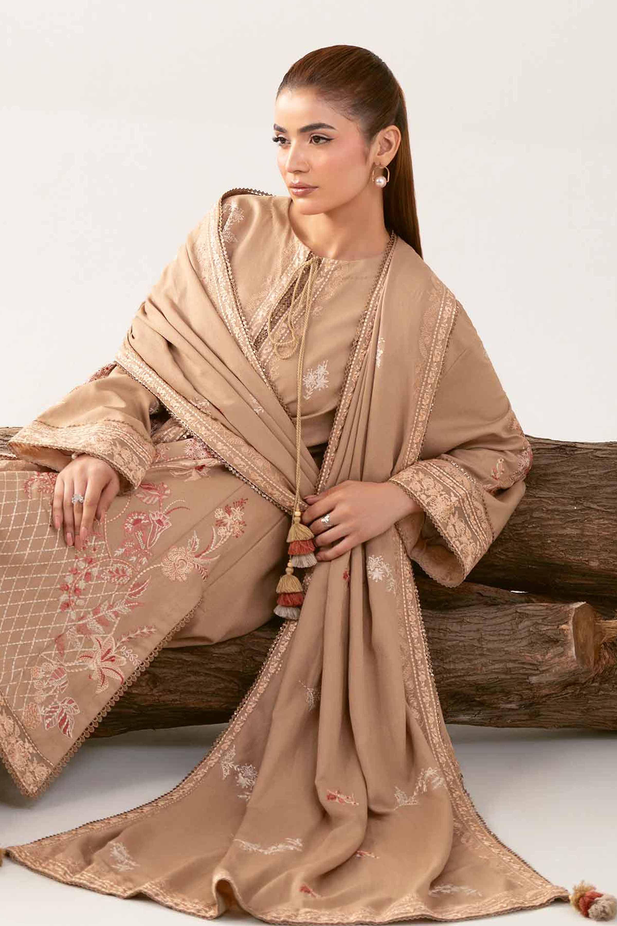 3 Piece - Embroidered Suit - 42503594 Unstitched Beige Karandi 3PC Embroidered