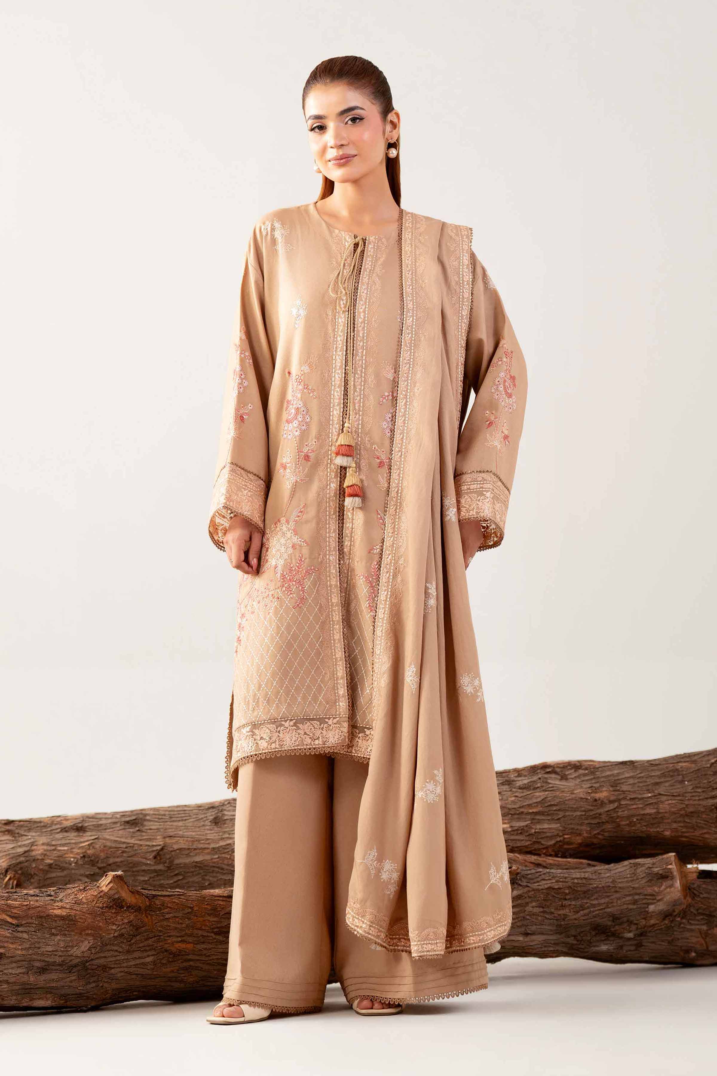 3 Piece - Embroidered Suit - 42503594 Unstitched Beige Karandi 3PC Embroidered