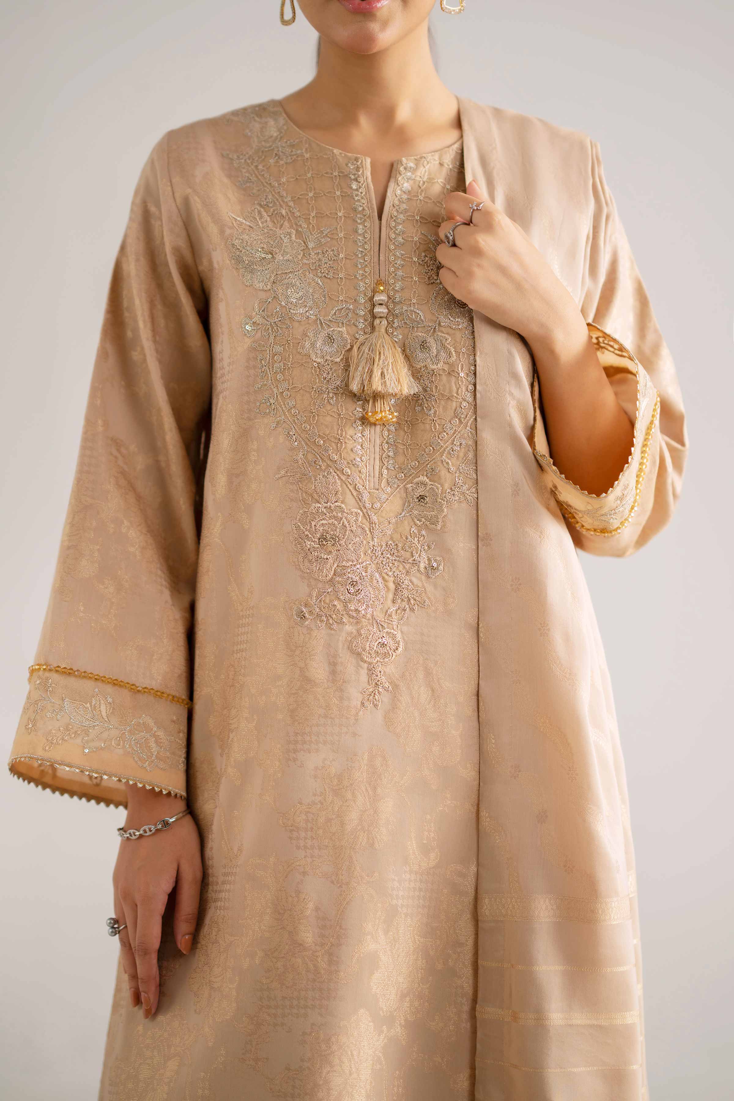 3 Piece - Embroidered Suit - 42503598 Unstitched Beige Jacquard 3PC Embroidered