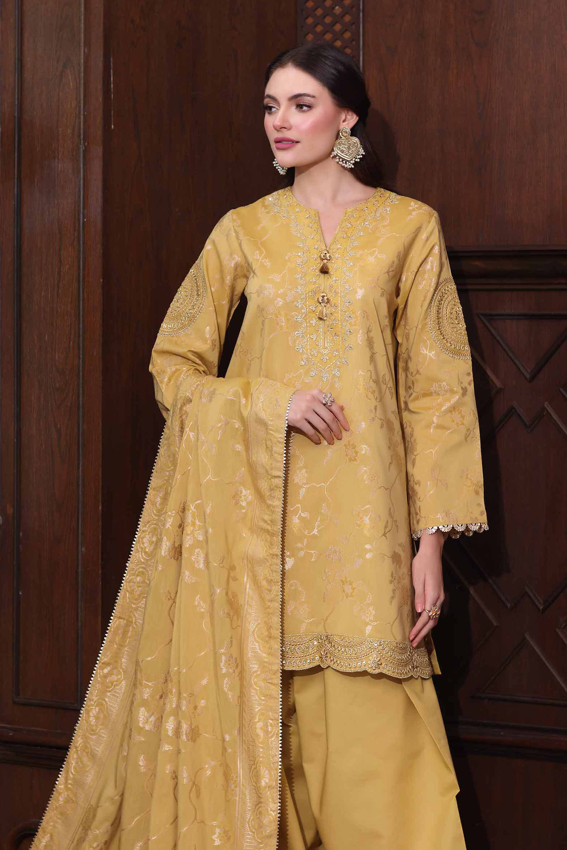 3 Piece - Embroidered Suit - 42503599 Unstitched Yellow Jacquard 3PC Embroidered