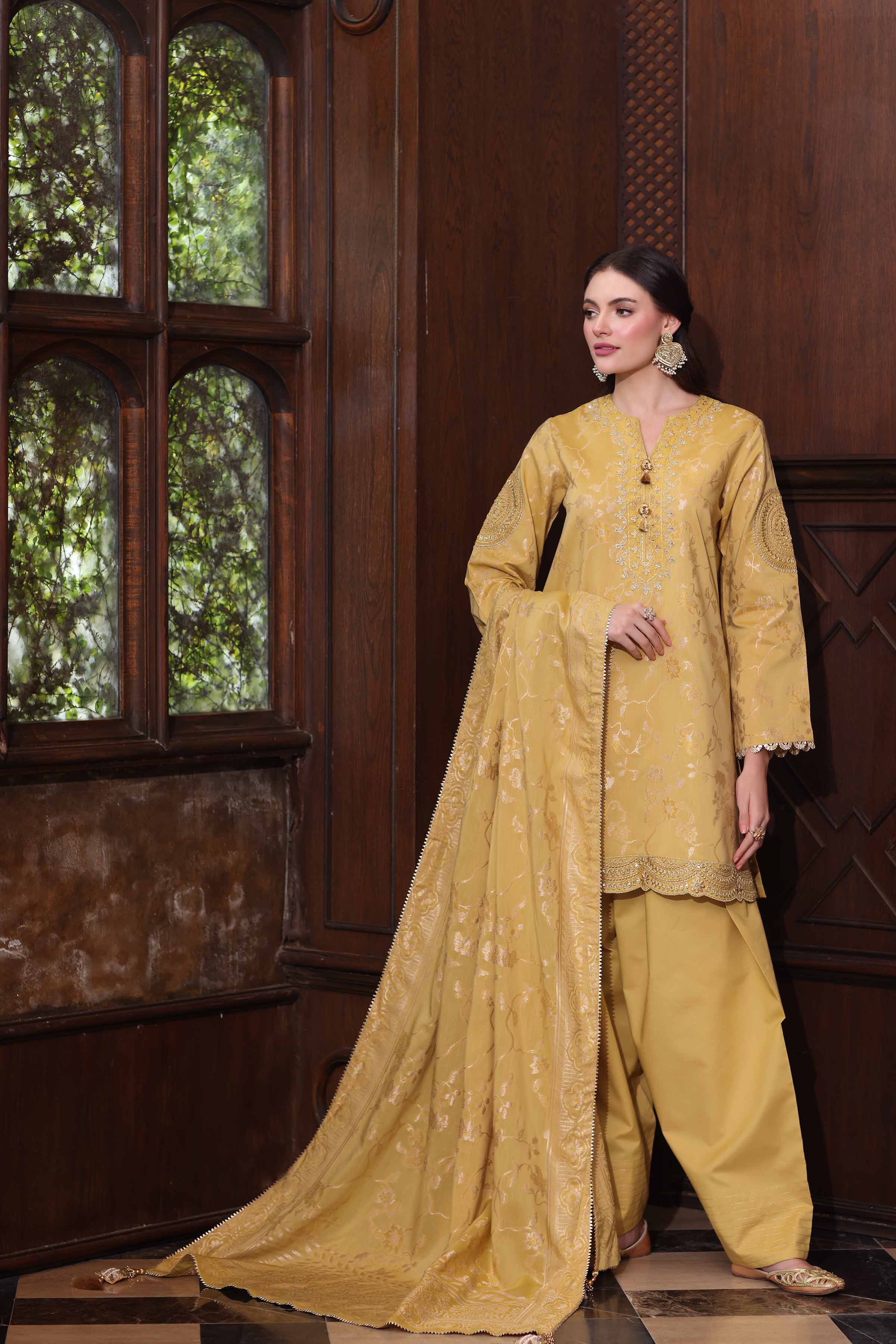 3 Piece - Embroidered Suit - 42503599 Unstitched Yellow Jacquard 3PC Embroidered