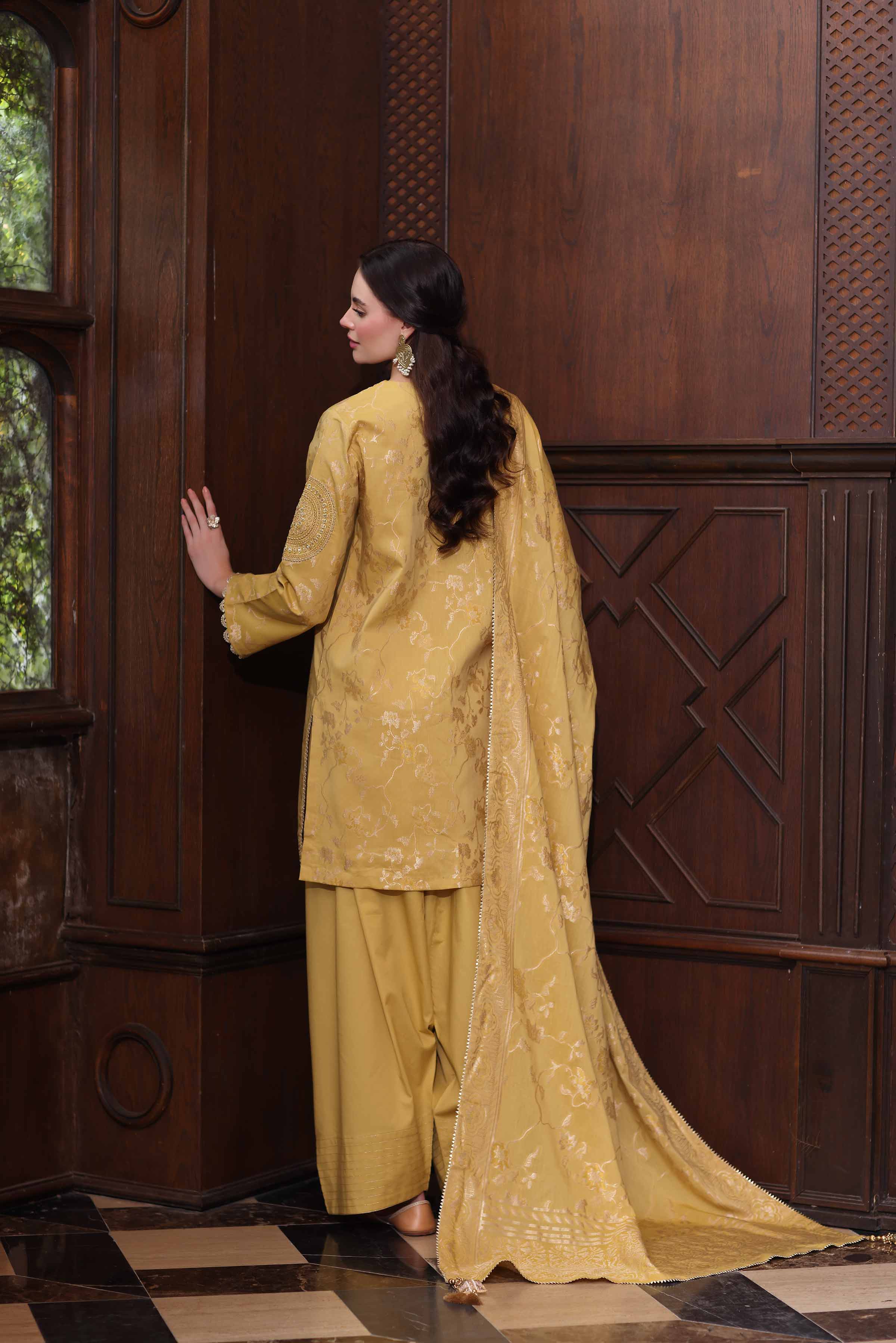 3 Piece - Embroidered Suit - 42503599 Unstitched Yellow Jacquard 3PC Embroidered