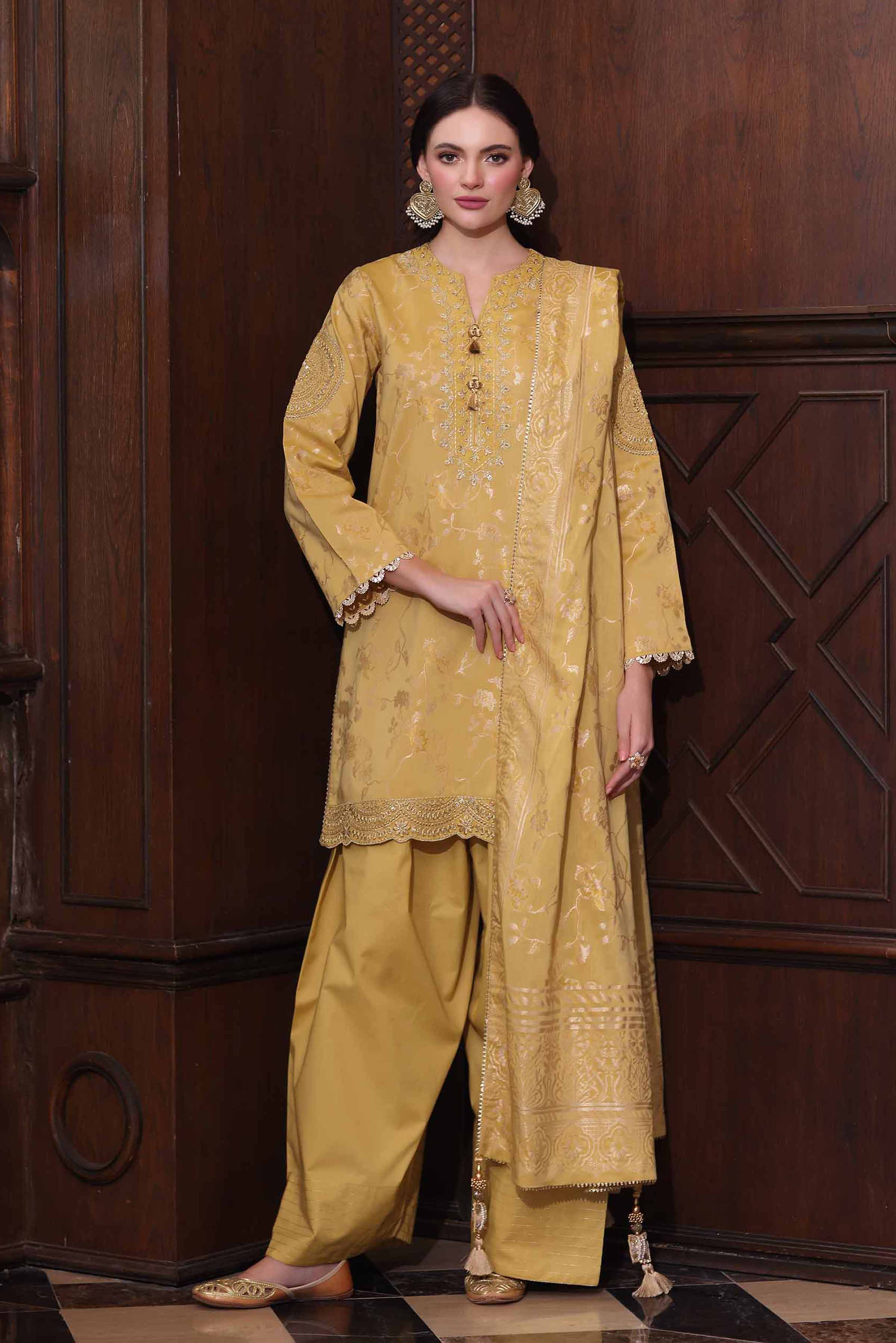 3 Piece - Embroidered Suit - 42503599 Unstitched Yellow Jacquard 3PC Embroidered