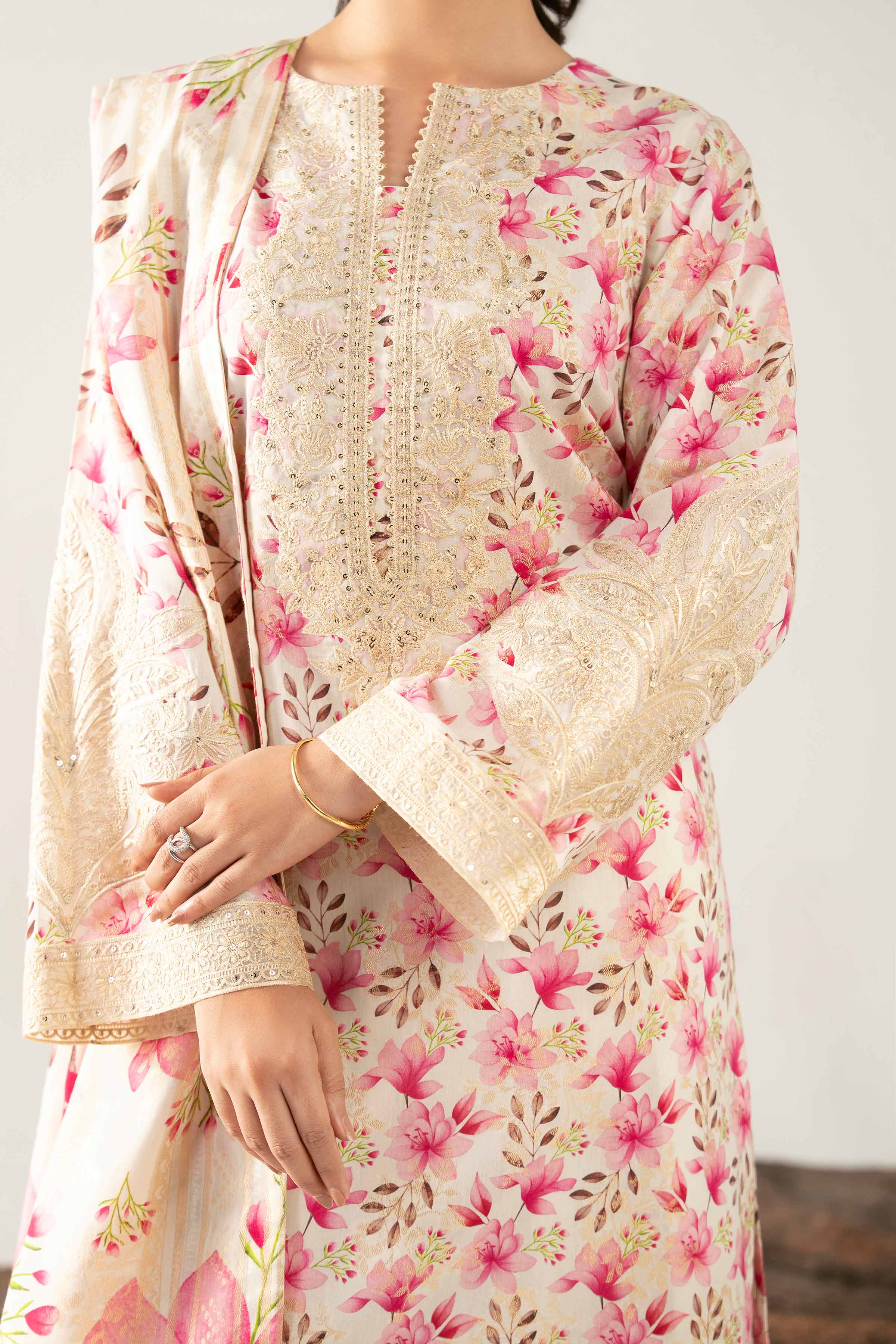 3 Piece - Digital Printed Embroidered Suit - 42503601 Unstitched Beige Jacquard 3PC Embroidered