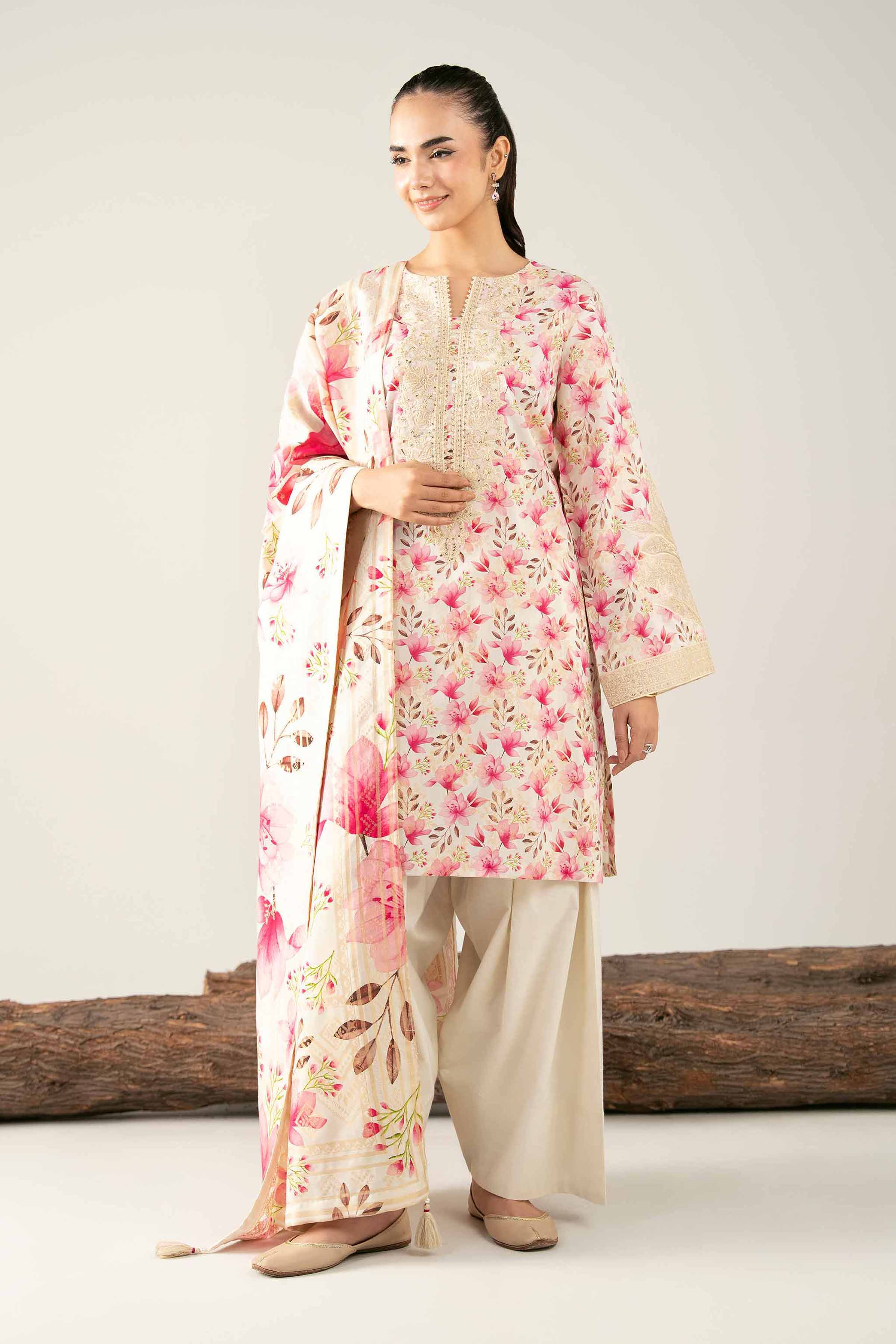 3 Piece - Digital Printed Embroidered Suit - 42503601 Unstitched Beige Jacquard 3PC Embroidered