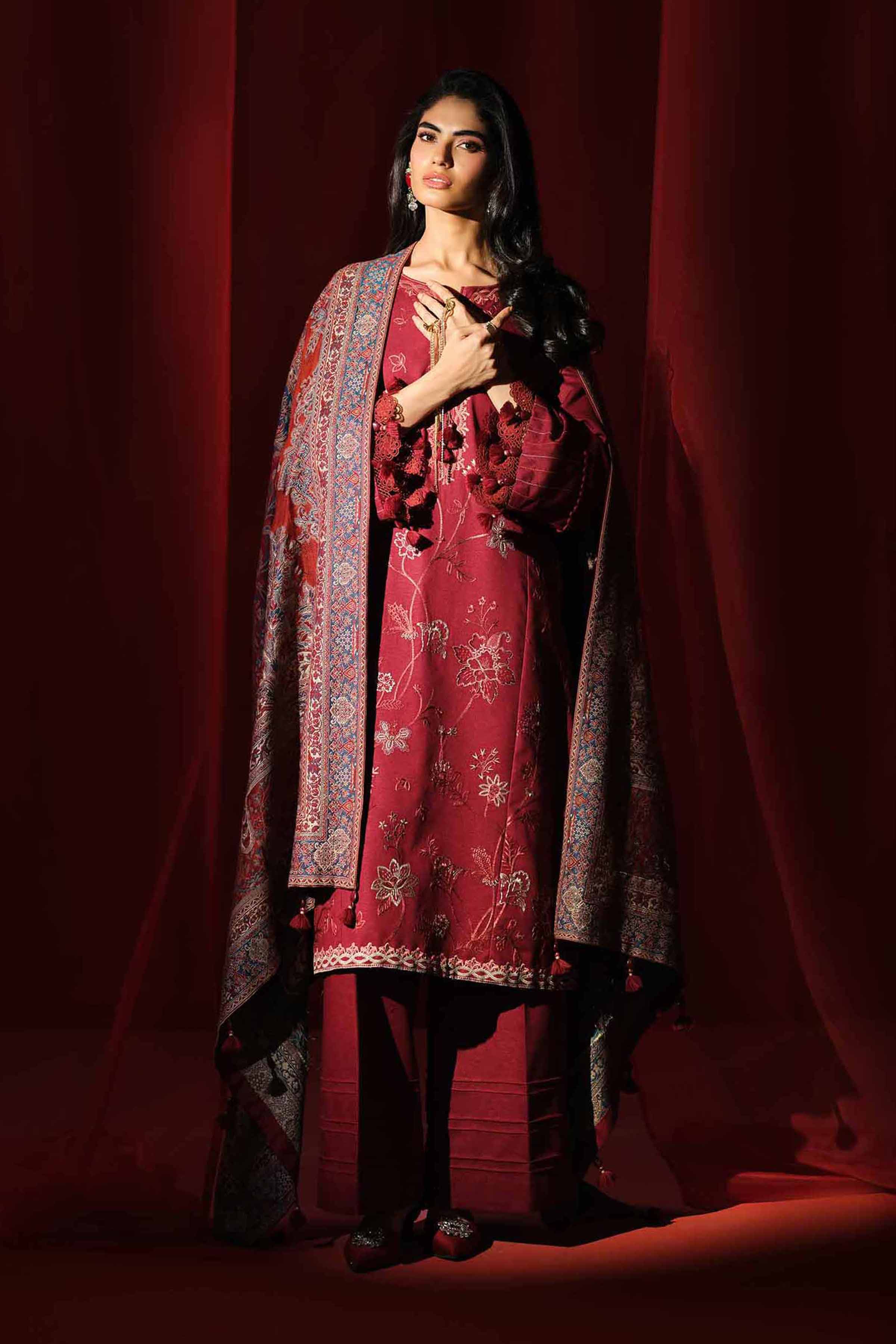3 Piece - Embroidered Suit - 42503606 Unstitched Maroon Karandi 3PC Embroidered