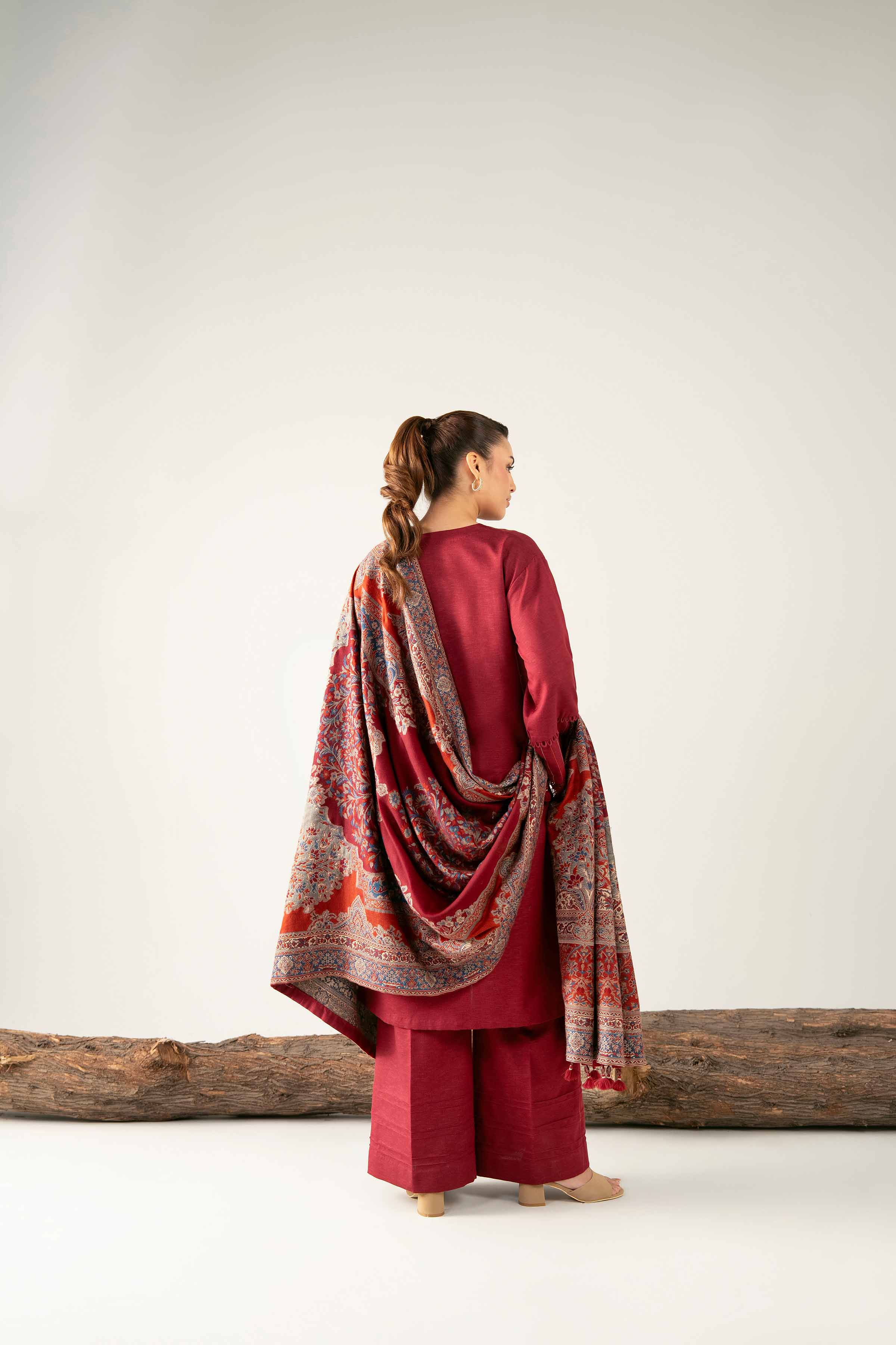 3 Piece - Embroidered Suit - 42503606 Unstitched Maroon Karandi 3PC Embroidered