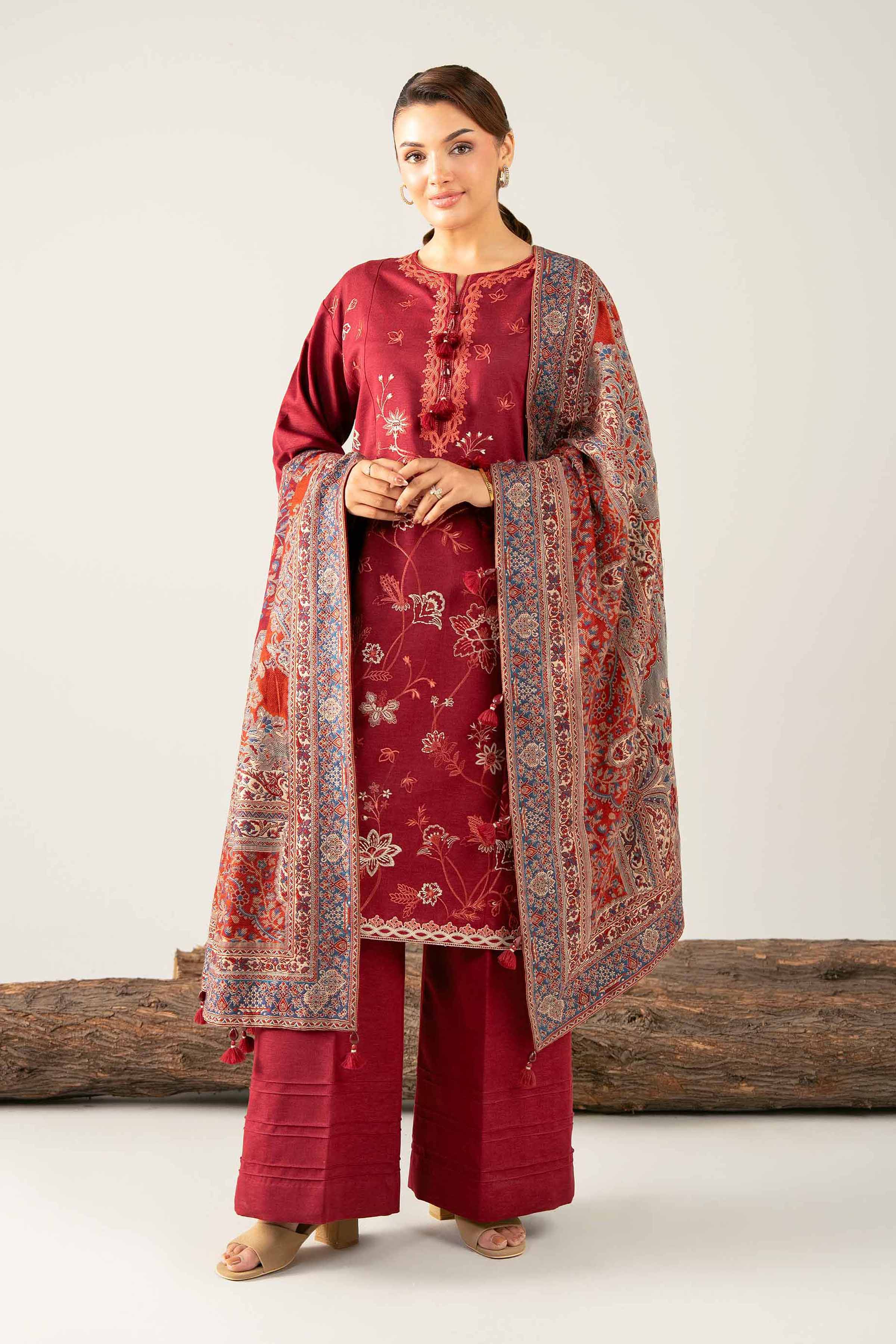 3 Piece - Embroidered Suit - 42503606 Unstitched Maroon Karandi 3PC Embroidered