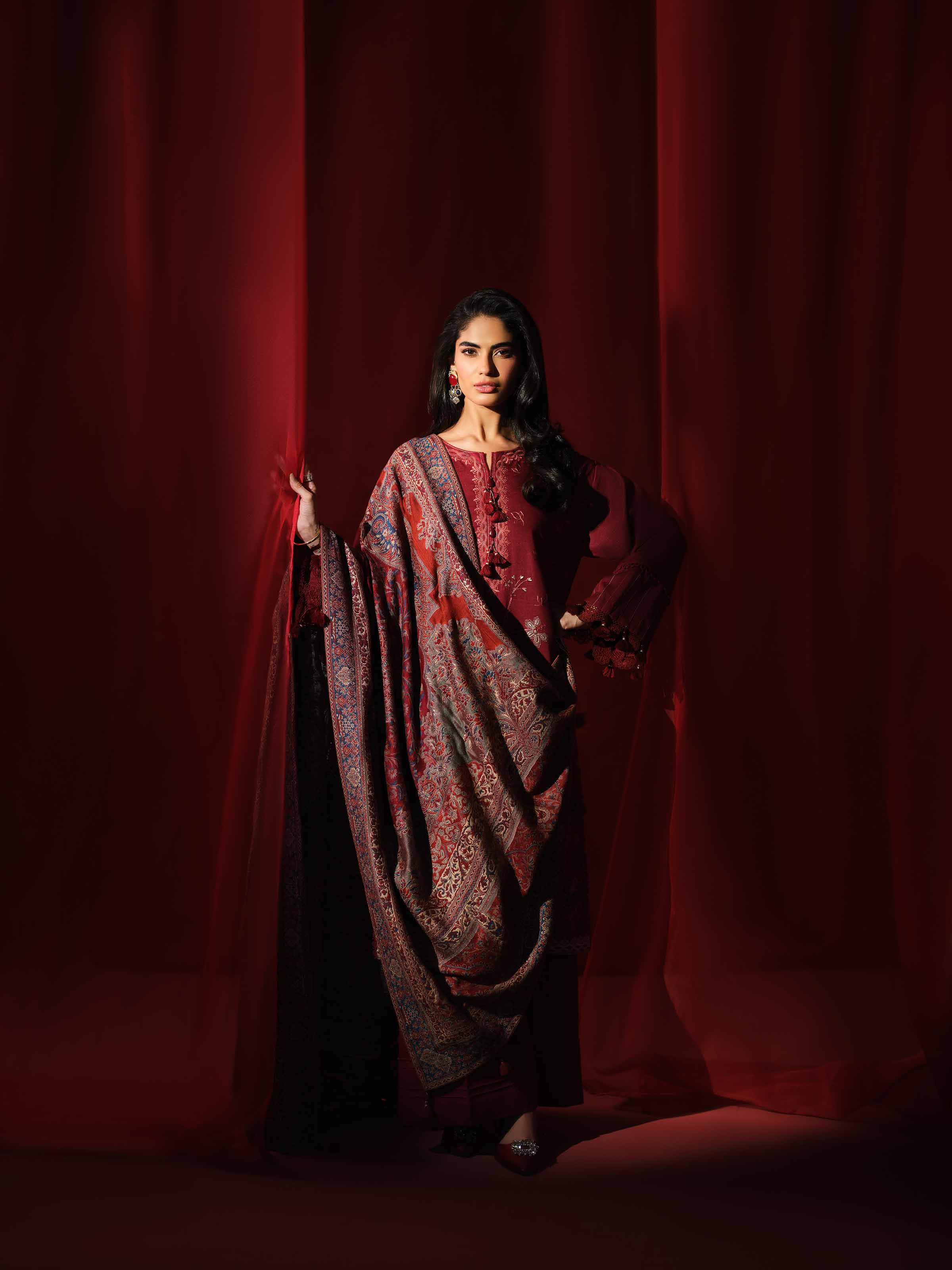 3 Piece - Embroidered Suit - 42503606 Unstitched Maroon Karandi 3PC Embroidered