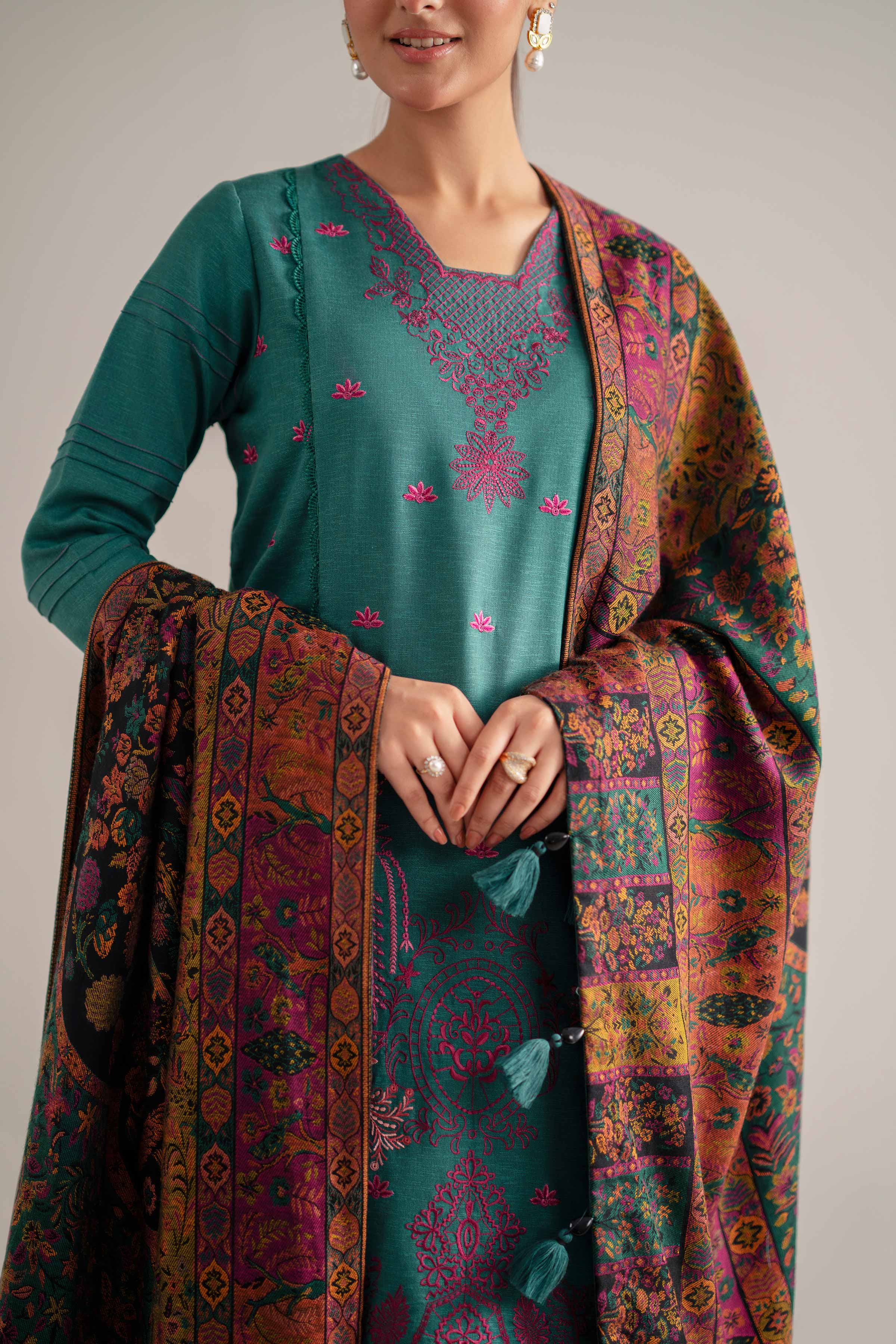 3 Piece - Embroidered Suit - 42503607 Unstitched Green Karandi 3PC Embroidered