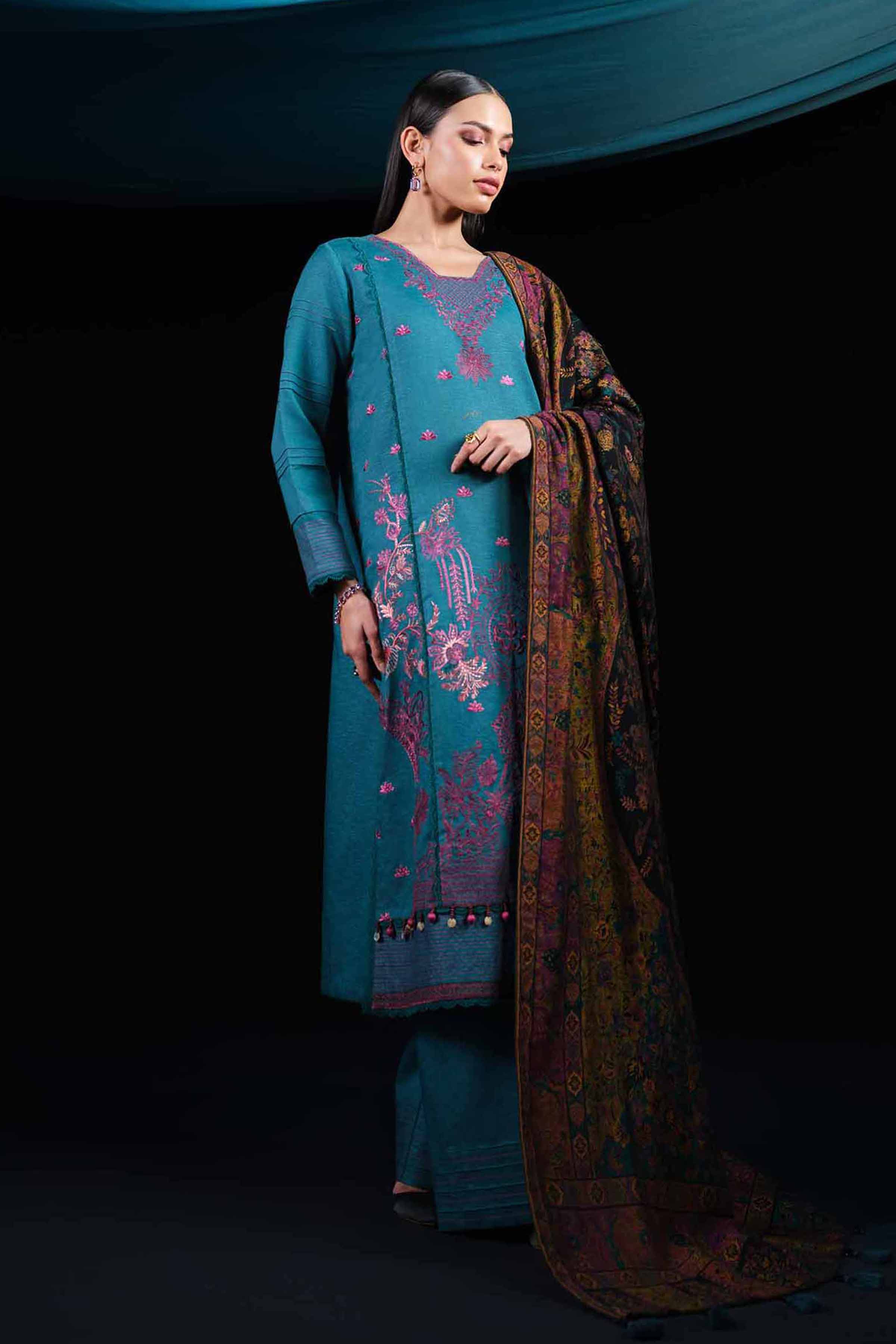 3 Piece - Embroidered Suit - 42503607 Unstitched Green Karandi 3PC Embroidered