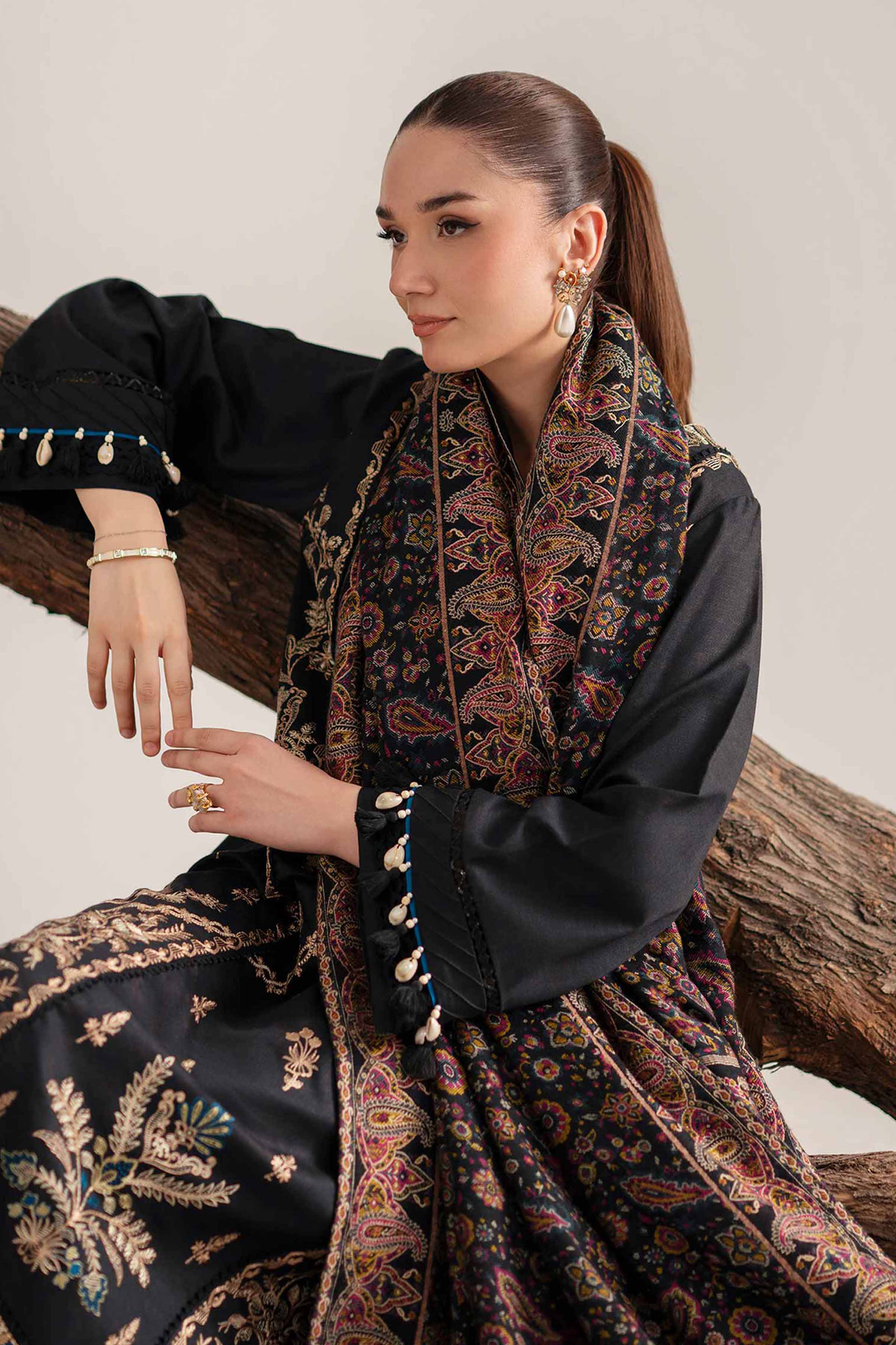 3 Piece - Embroidered Suit - 42503609 Unstitched Black Karandi 3PC Embroidered