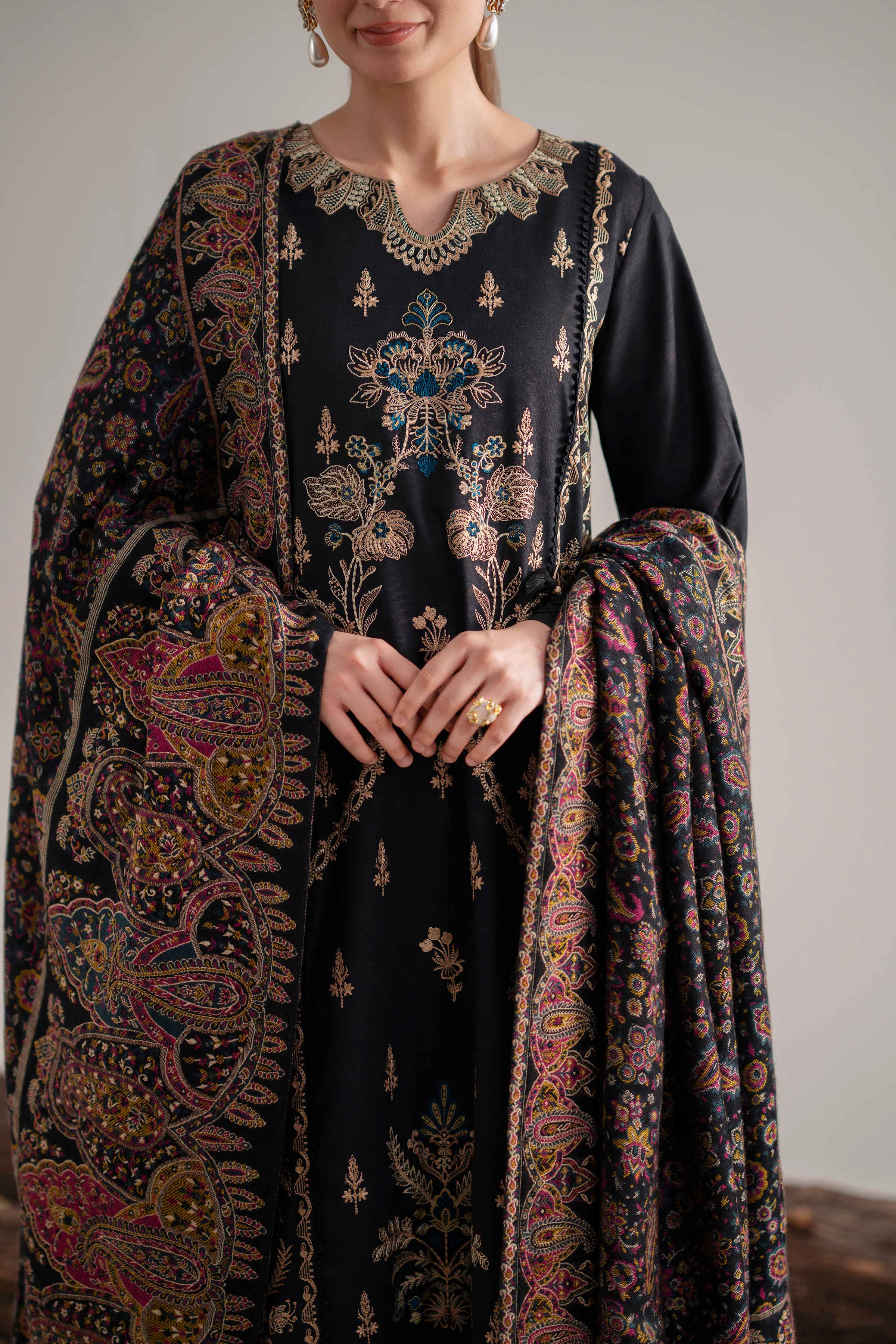 3 Piece - Embroidered Suit - 42503609 Unstitched Black Karandi 3PC Embroidered