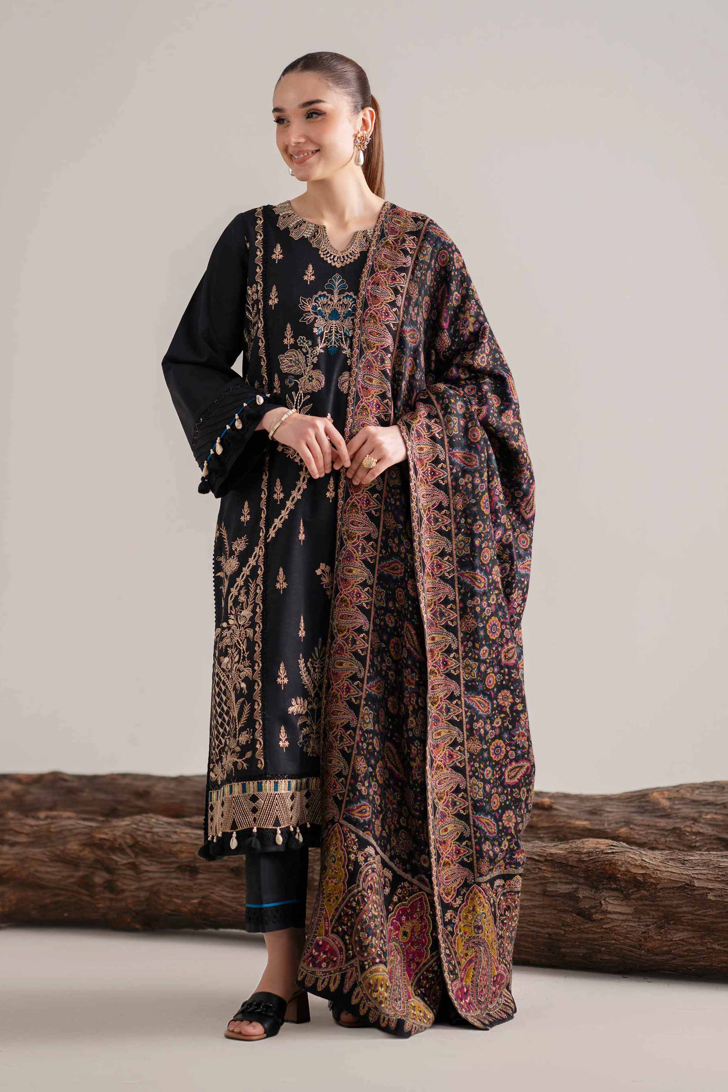 3 Piece - Embroidered Suit - 42503609 Unstitched Black Karandi 3PC Embroidered