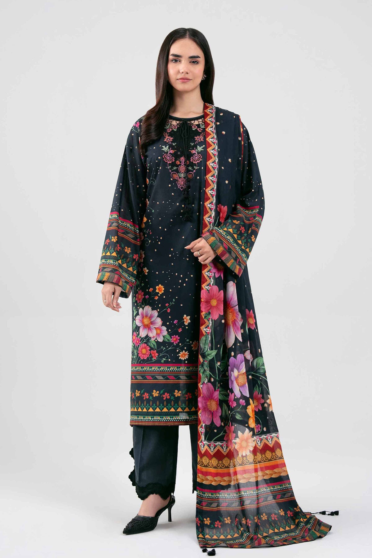 3 Piece - Digital Printed Embroidered Suit - 42601458 Black Lawn 3PC Embroidered Nishat Australia