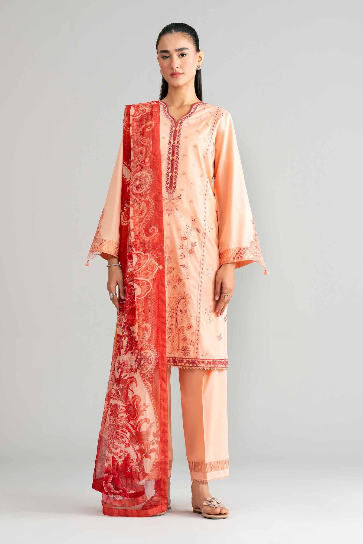 3 Piece - Digital Printed Embroidered Suit - 42601553 Orange Lawn 3PC Embroidered Nishat Australia