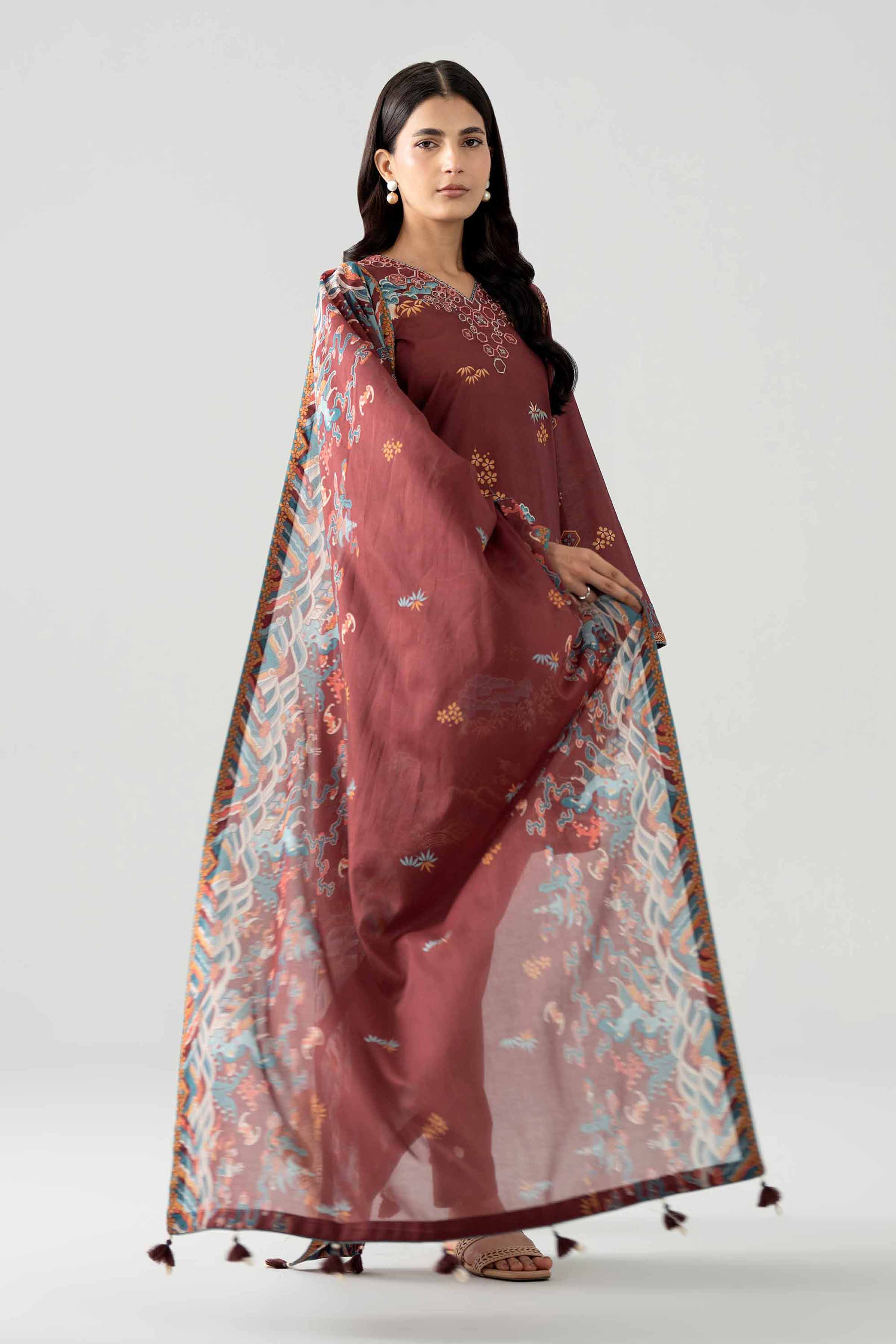 3 Piece - Printed Embroidered Suit - 42602023 Maroon Lawn 3PC Embroidered Nishat Australia