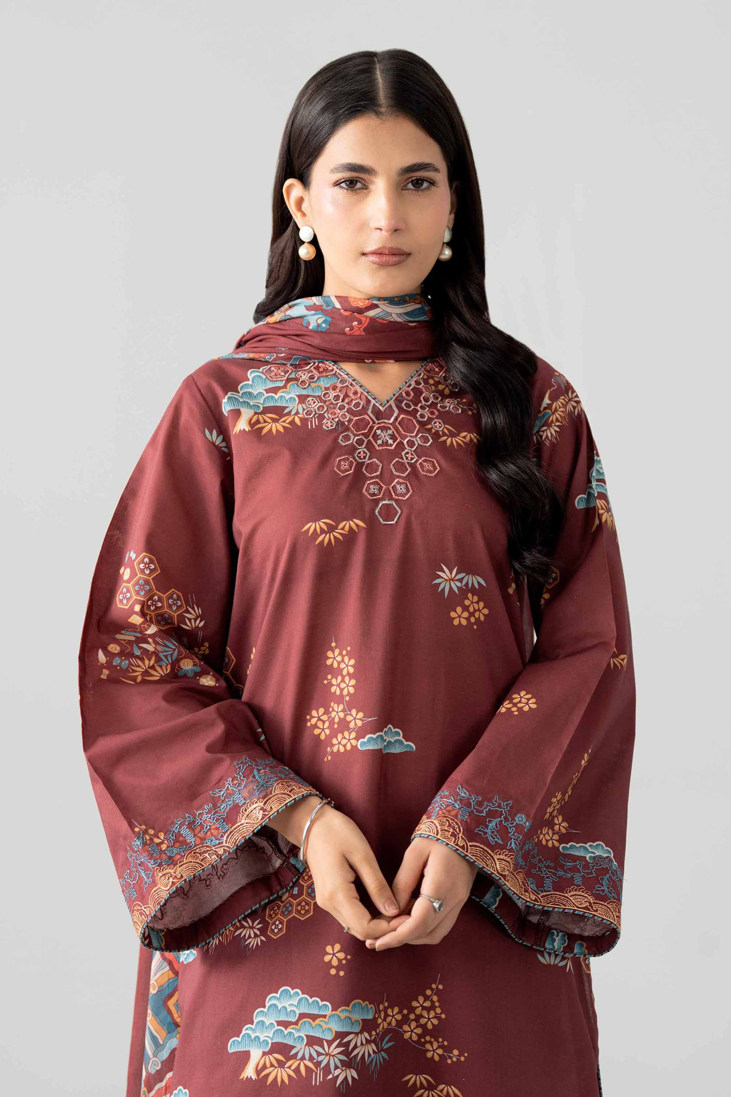 3 Piece - Printed Embroidered Suit - 42602023 Maroon Lawn 3PC Embroidered Nishat Australia