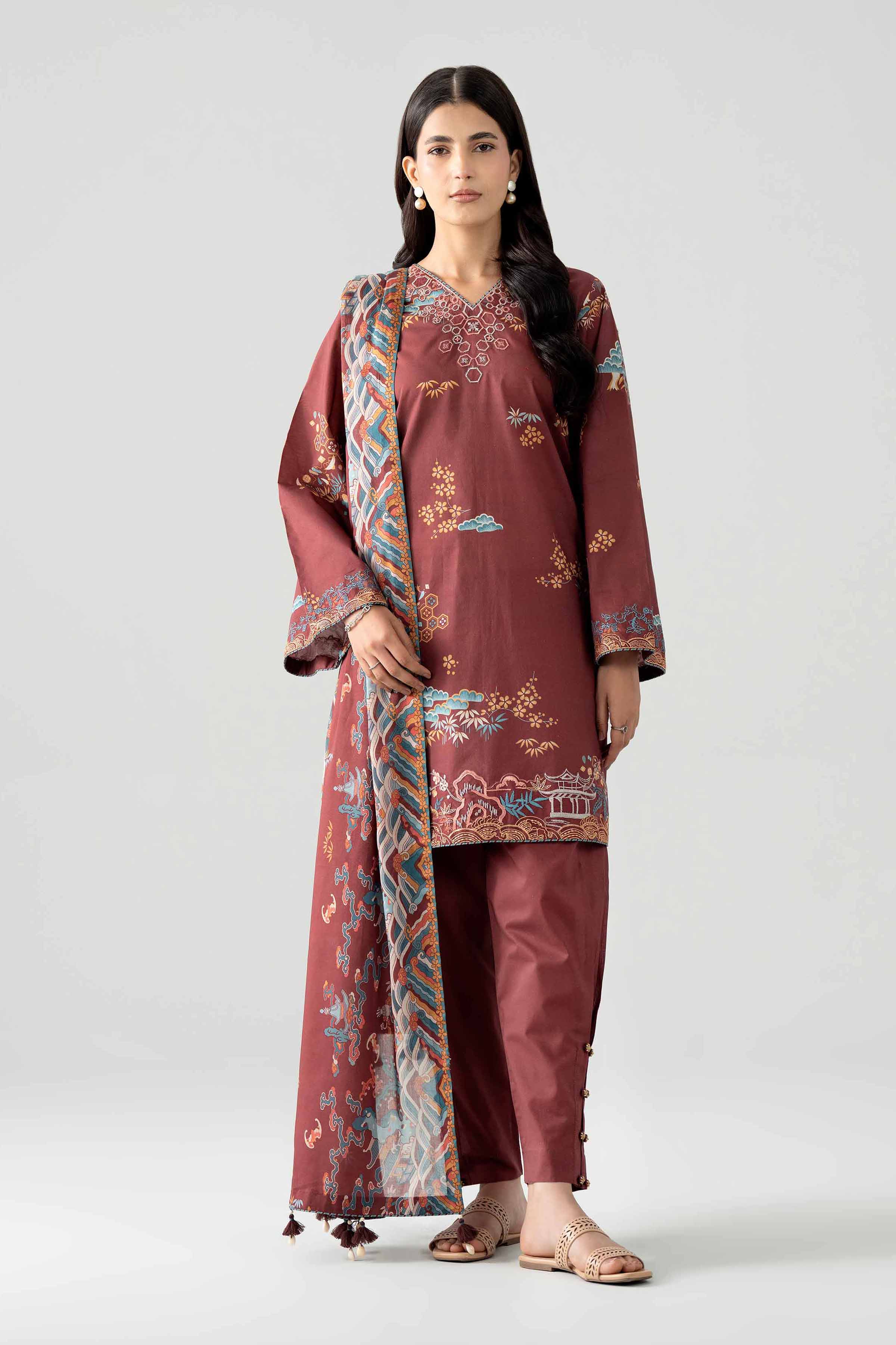 3 Piece - Printed Embroidered Suit - 42602023 Maroon Lawn 3PC Embroidered Nishat Australia