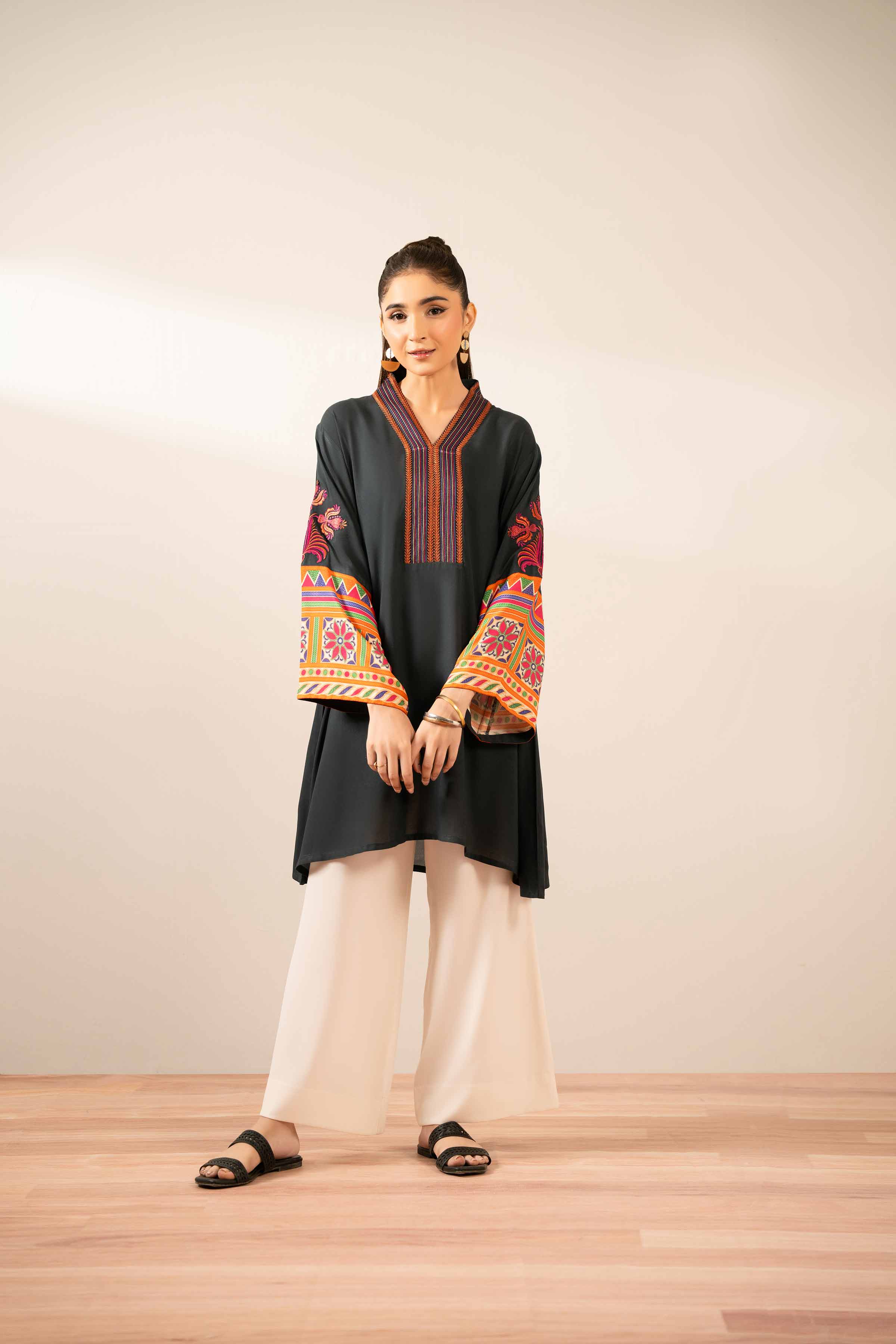 Printed Embroidered Tunic - AS25-107 READY TO WEAR Black Cambric 1PC Embroidered