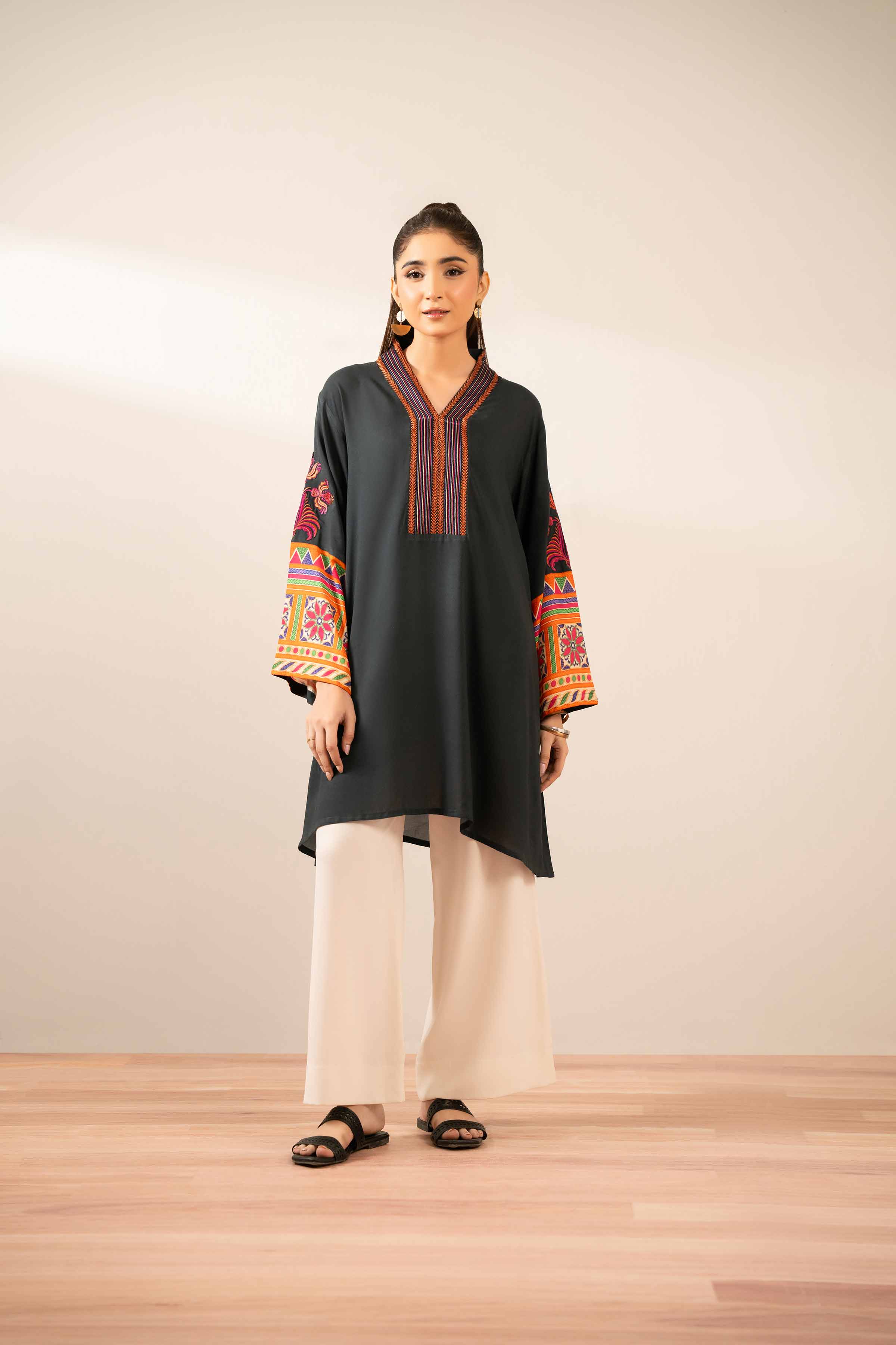 Printed Embroidered Tunic - AS25-107 READY TO WEAR Black Cambric 1PC Embroidered