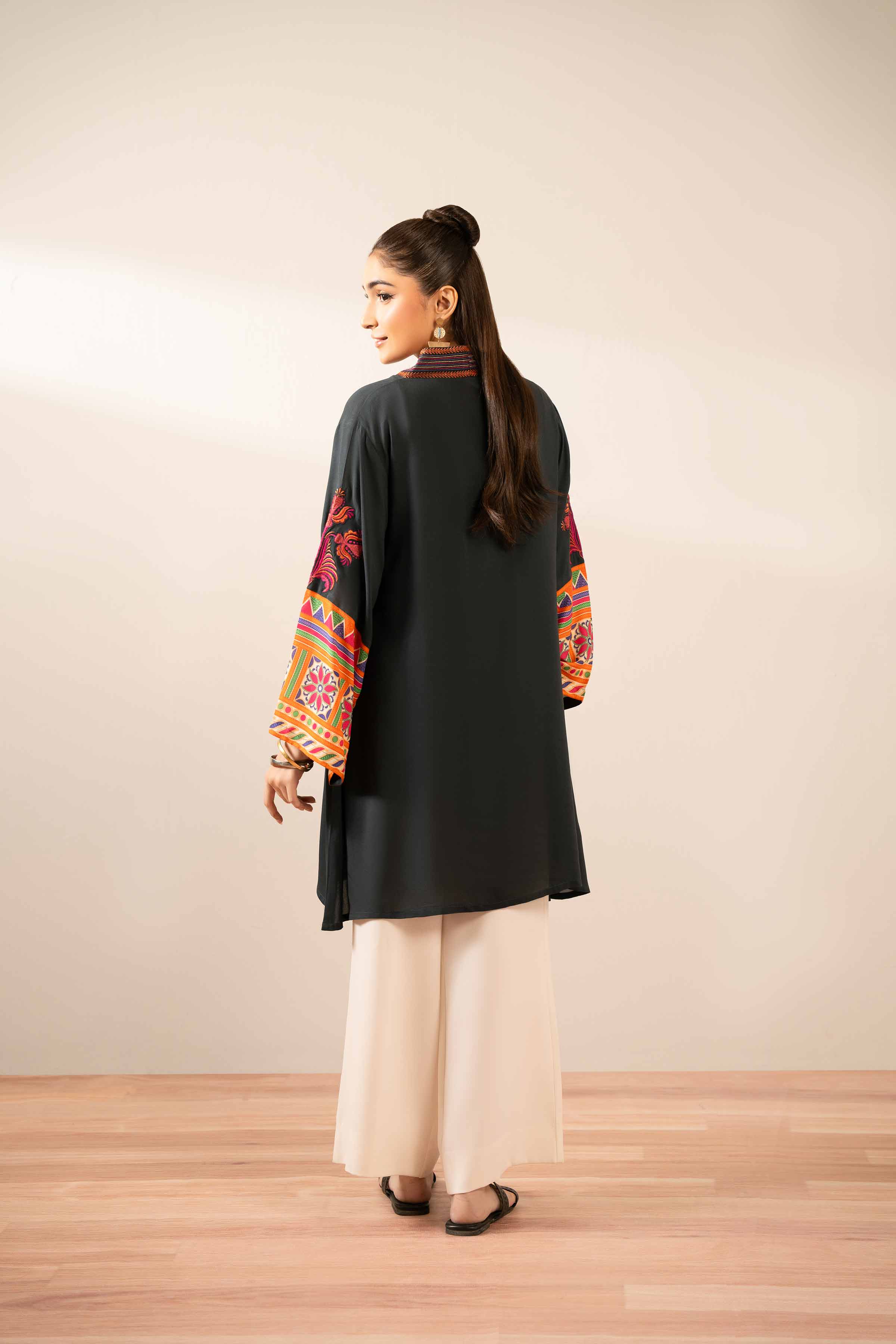 Printed Embroidered Tunic - AS25-107 READY TO WEAR Black Cambric 1PC Embroidered