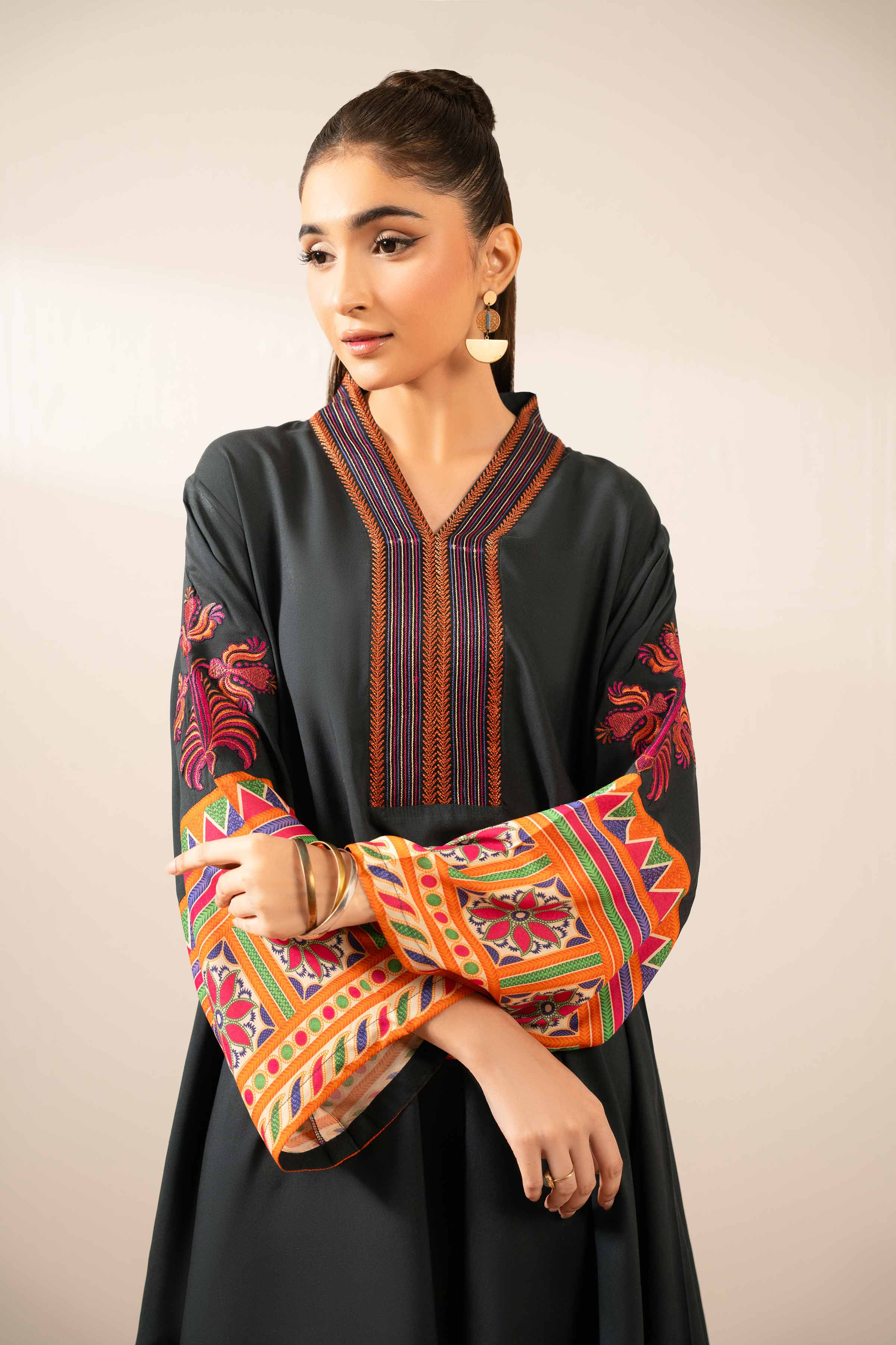 Printed Embroidered Tunic - AS25-107 READY TO WEAR Black Cambric 1PC Embroidered