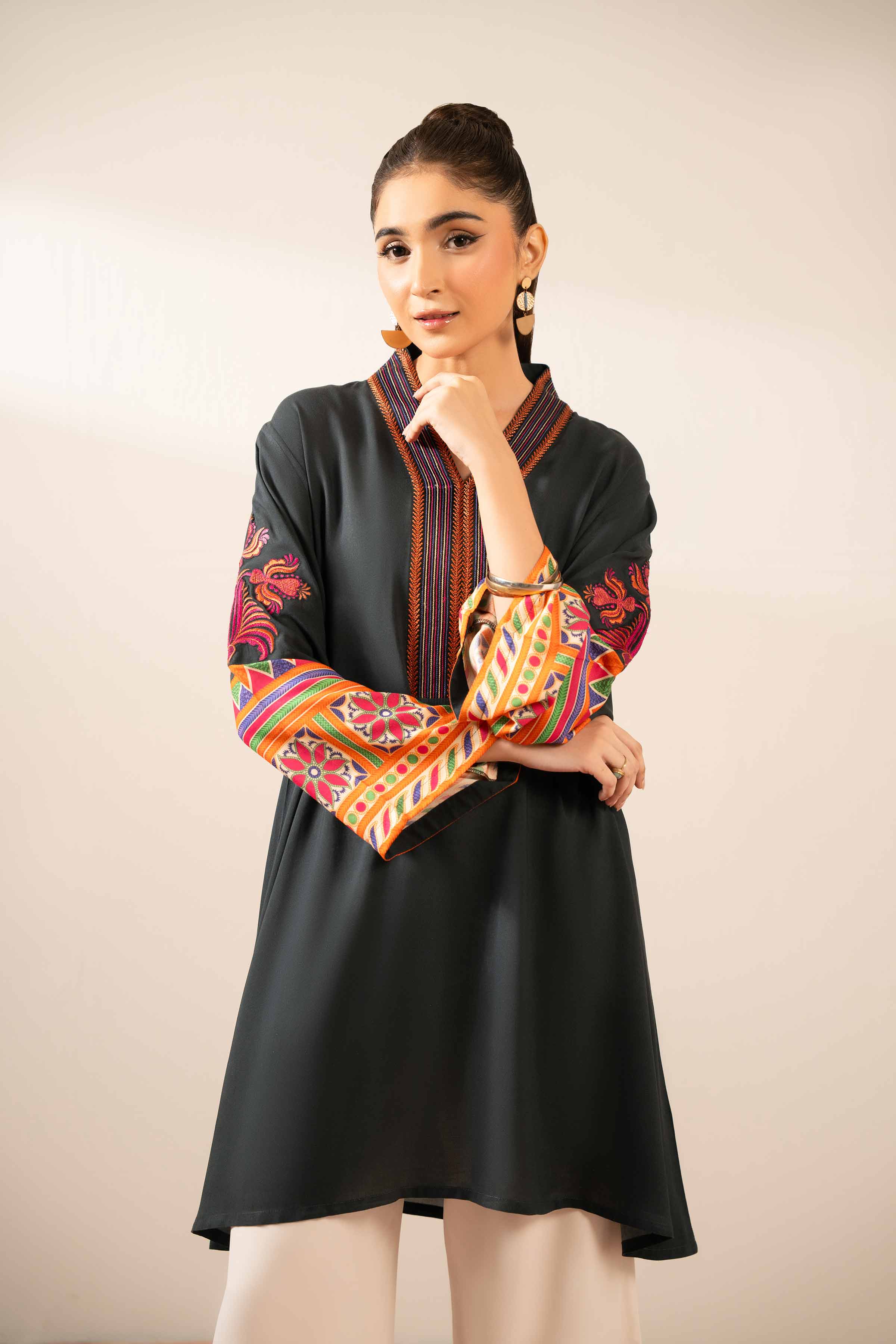 Printed Embroidered Tunic - AS25-107 READY TO WEAR Black Cambric 1PC Embroidered