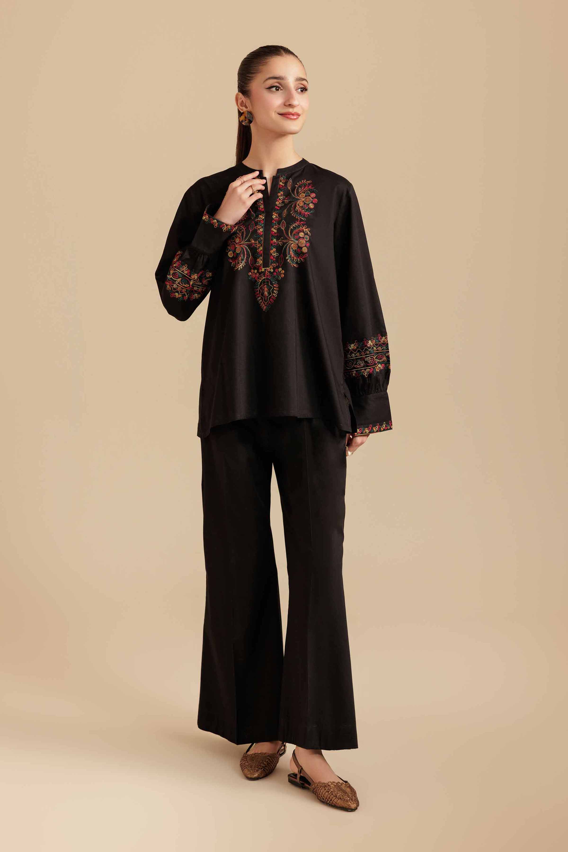 2 Piece - Embroidered Suit - AS25-108 READY TO WEAR Black Cambric 2PC Embroidered