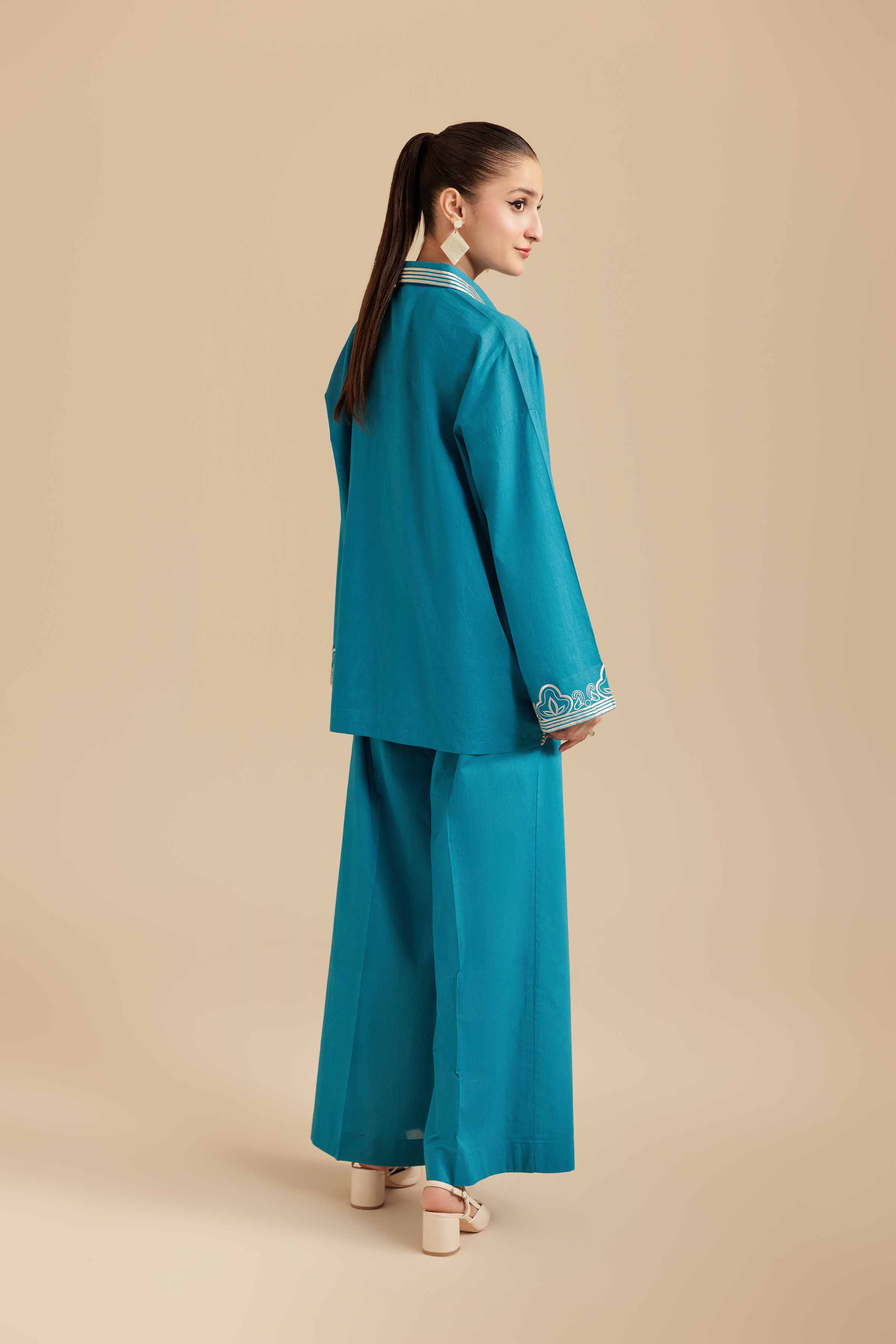 2 Piece - Embroidered Suit - AS25-116 READY TO WEAR Blue Cambric 2PC Embroidered