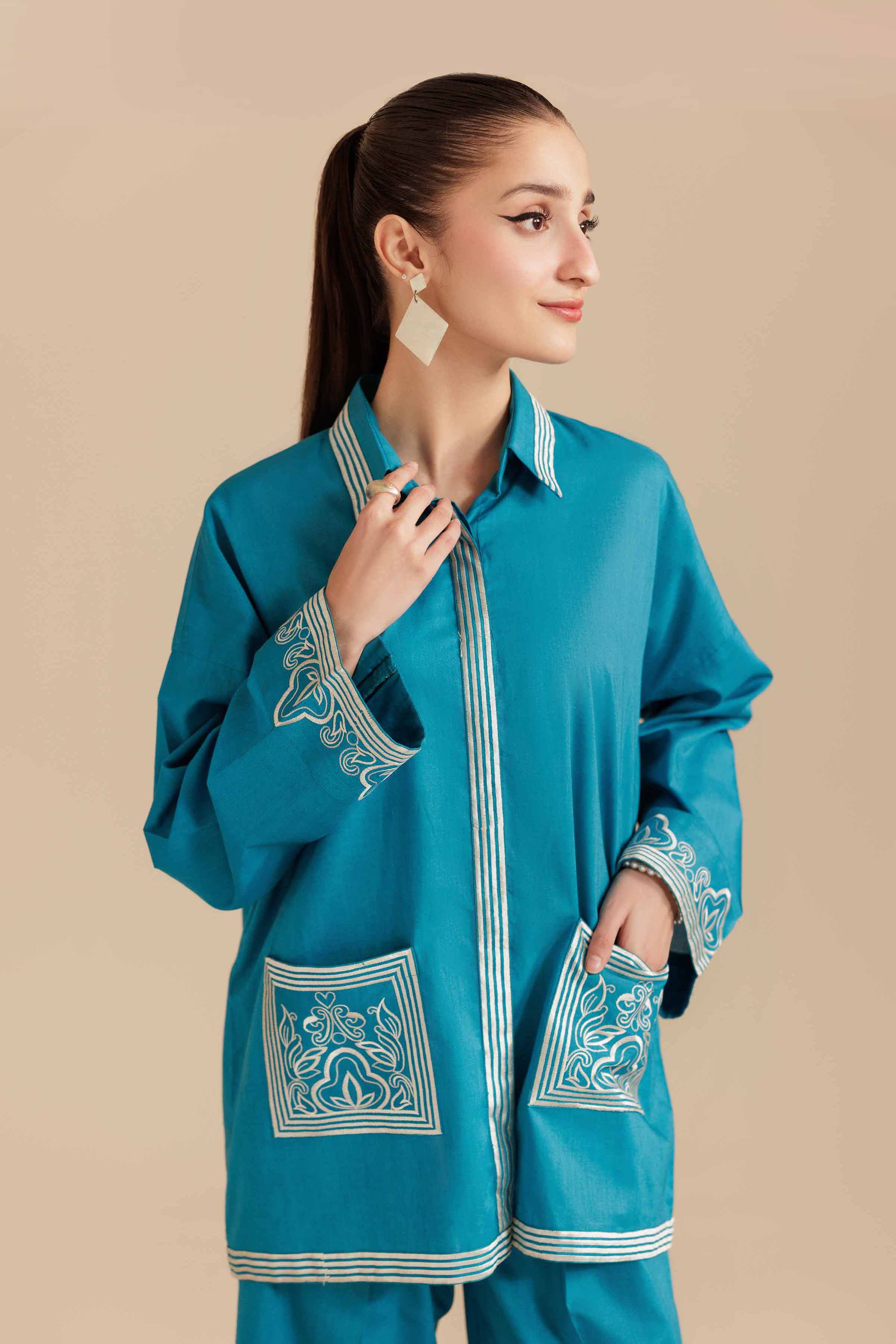 2 Piece - Embroidered Suit - AS25-116 READY TO WEAR Blue Cambric 2PC Embroidered